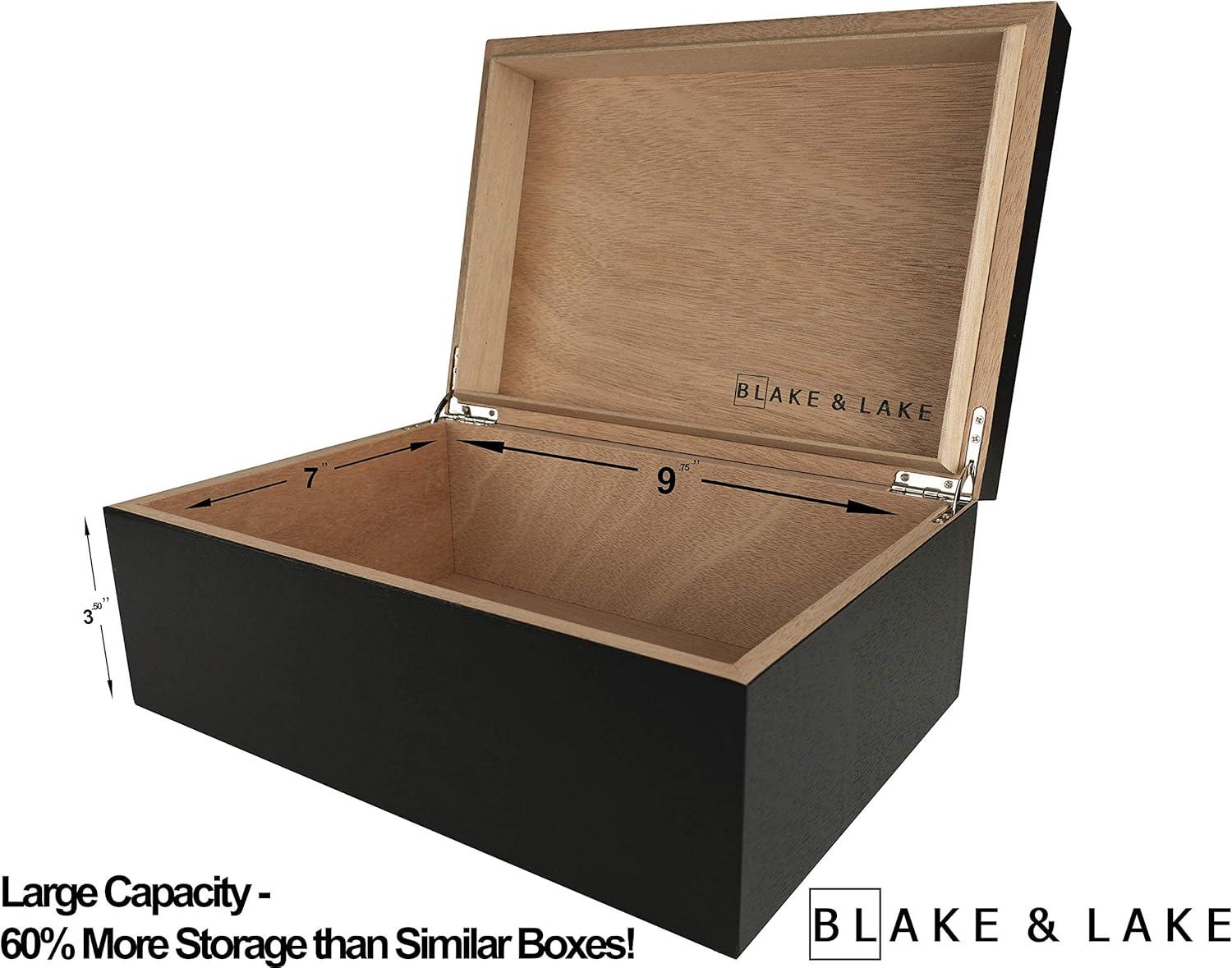 Black Wooden Storage Box with Hinged Lid and Locking Key- Large Keepsake Box with Lock - Wood Chest with Matte Finish - Store Jewelry Keepsakes Photos Gift Boxes (Black)