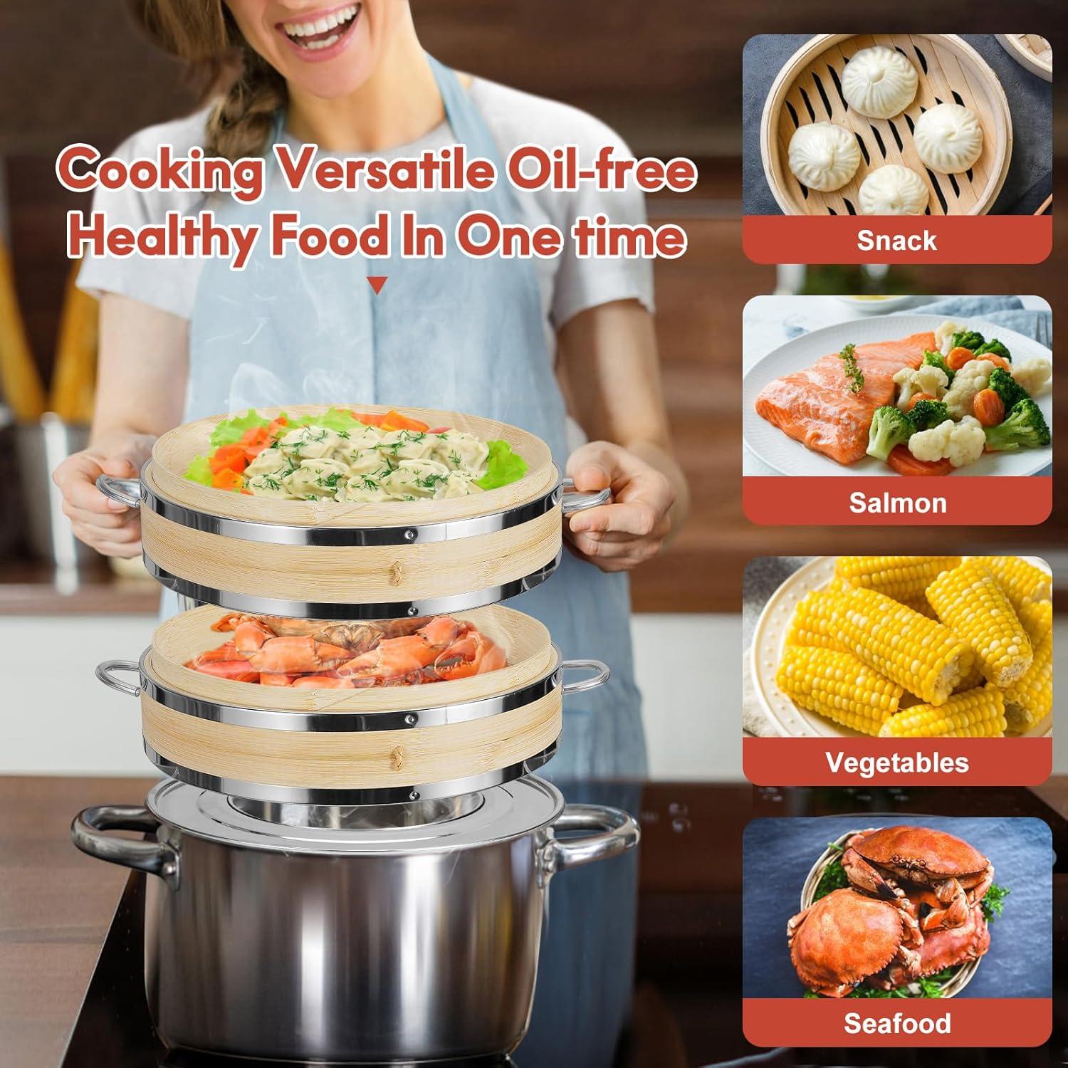 2-Tier Bamboo Steamer Basket Set 10-inch with Reinforcement & Handle,Bamboo Steamer for Cooking,Dumpling Bun Dim Sum, Rice Potsticker Steaming Chinese Asian Food & Vegetables