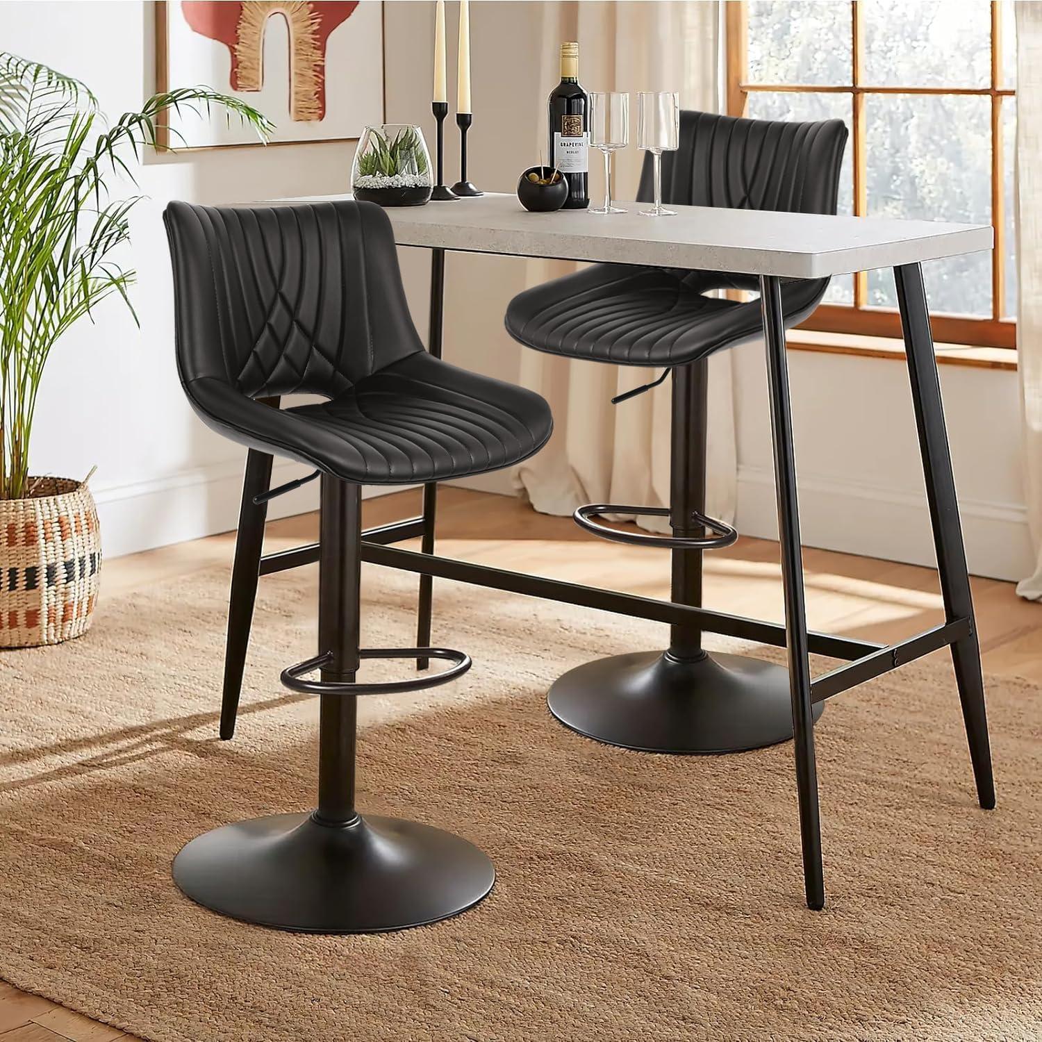 YOUNIKE Swivel Bar Stools Set of 2 Adjustable Leather Counter Barstool, Black