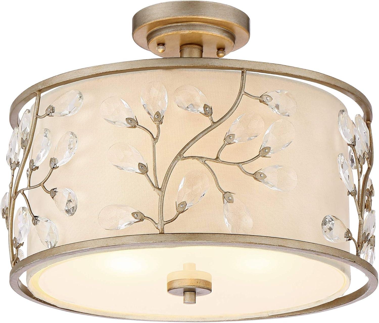 Barnes and Ivy Crystal Buds Vintage Ceiling Light Semi Flush Mount Fixture 16" Wide Antique Silver 3-Light Beige Fabric Drum Shade for Bedroom Kitchen