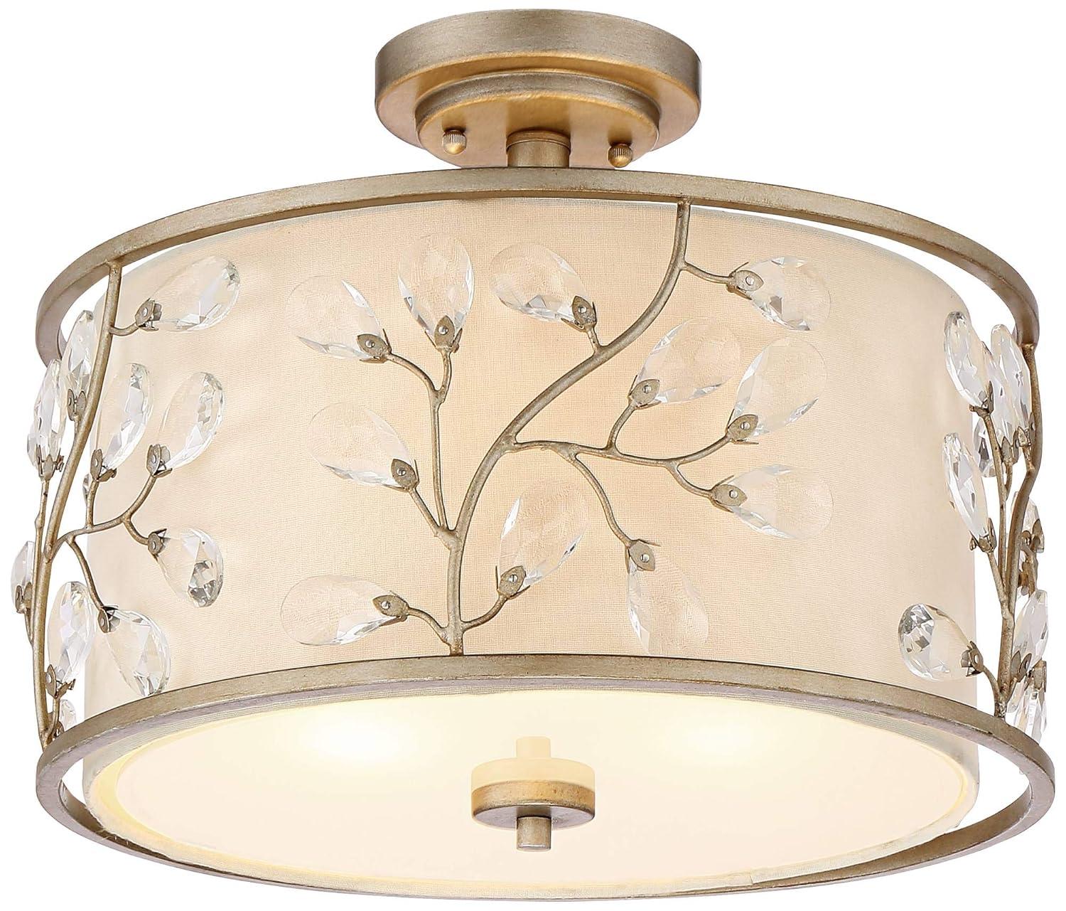 Barnes and Ivy Crystal Buds Vintage Ceiling Light Semi Flush Mount Fixture 16" Wide Antique Silver 3-Light Beige Fabric Drum Shade for Bedroom Kitchen
