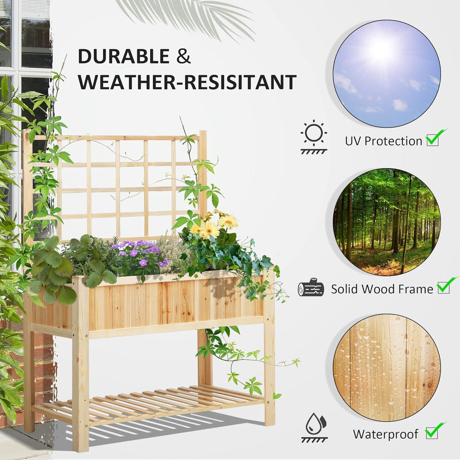 Outsunny 47'' Wooden Raised Garden Bed with Trellis, Coutryside Style Elevated Planter Box Stand with Open Storage Shelf, Spacious Planting Area for Vegetables, Herbs, Flowers