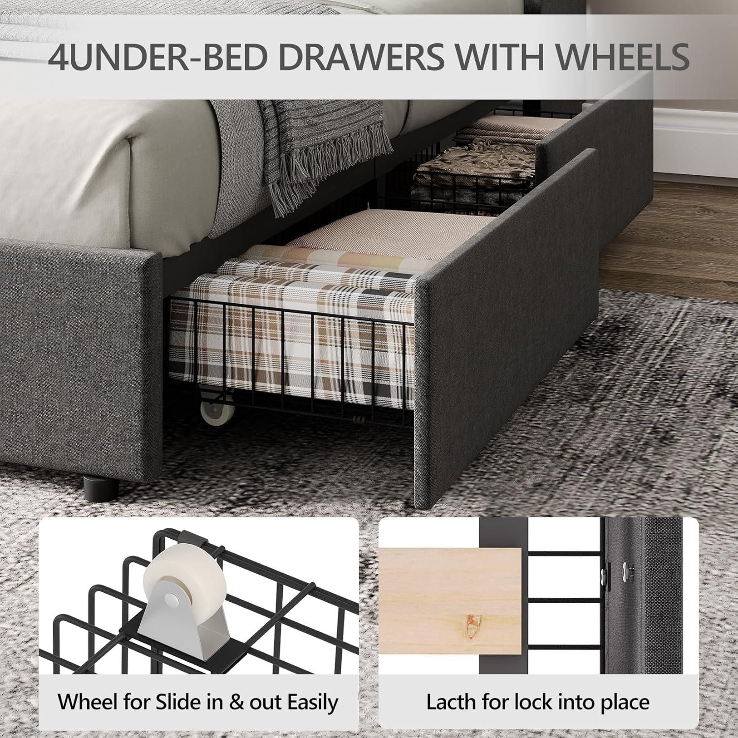 Huloretions Queen Bed Frame With Charging Station,Platform Bed With 4 Storage Drawers,Upholstered Wingback Headboard And Storage Shelf,No Box Spring Needed Easy Assembly