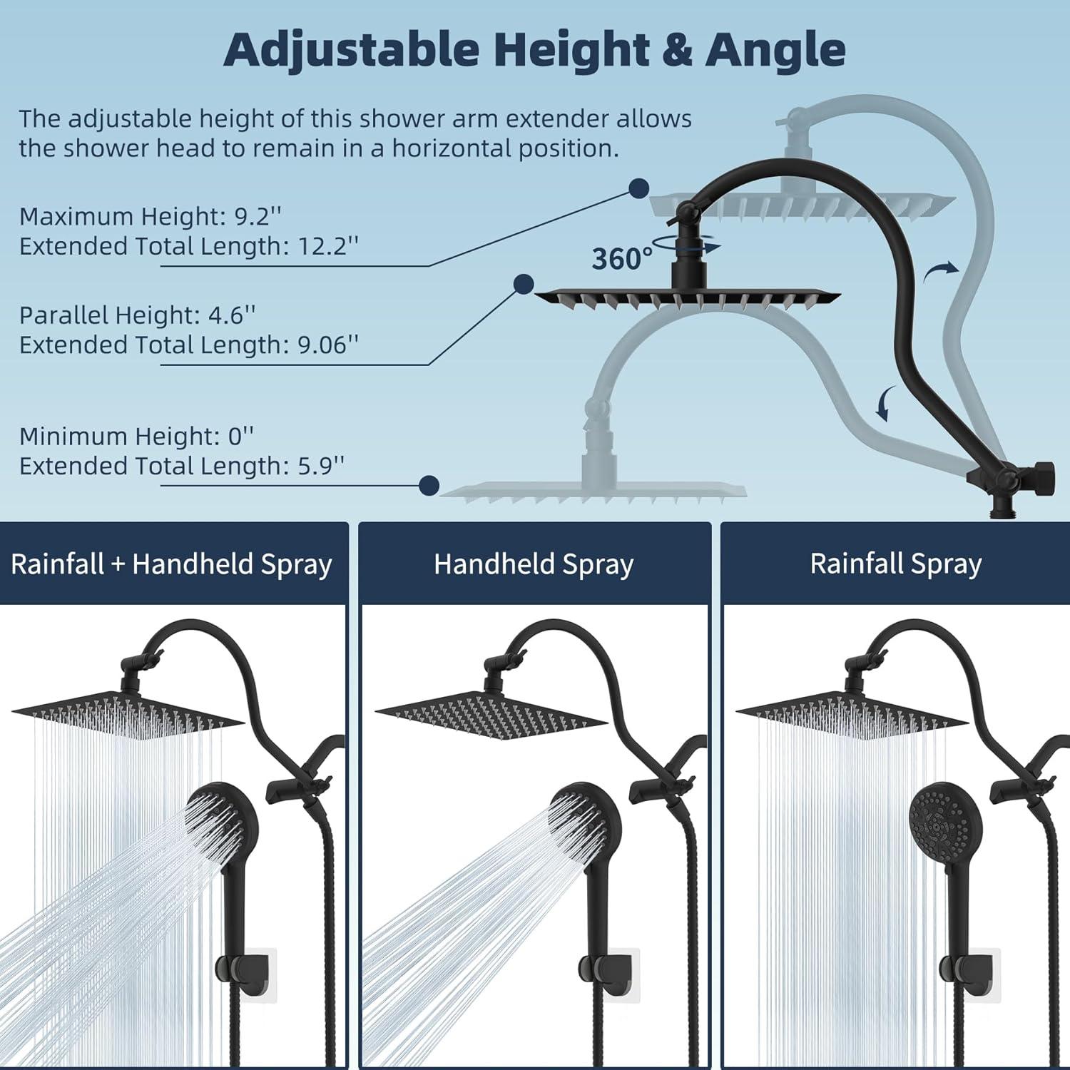 Hibbent 8 Inch Metal Rainfall Shower Head/Handheld Showerhead Combo SCW01-HS070-AS080-MB