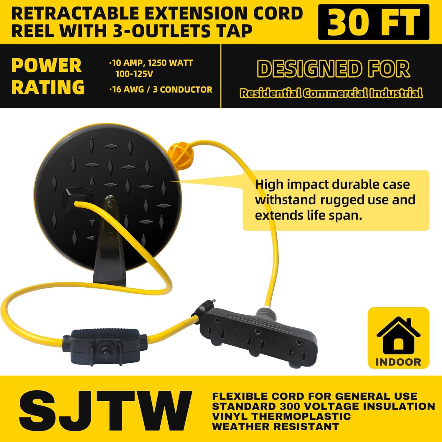 EP 30 Ft Retractable Extension Cord Reel, 16/3 SJTW Power Cord with 3 Electrical Outlets, Ceiling or Wall Mount, 10 Amp Circuit Breaker, Metal Plate, UL Listed, Red