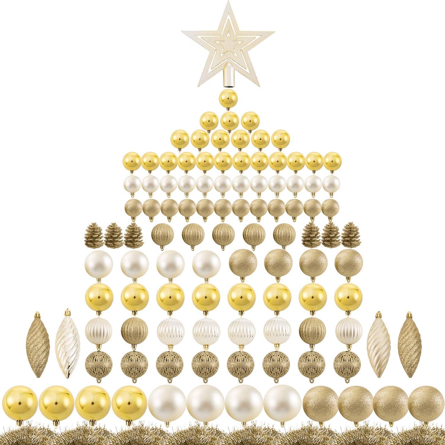 Golden Shatterproof Plastic Christmas Ornament Set with 119 Pieces