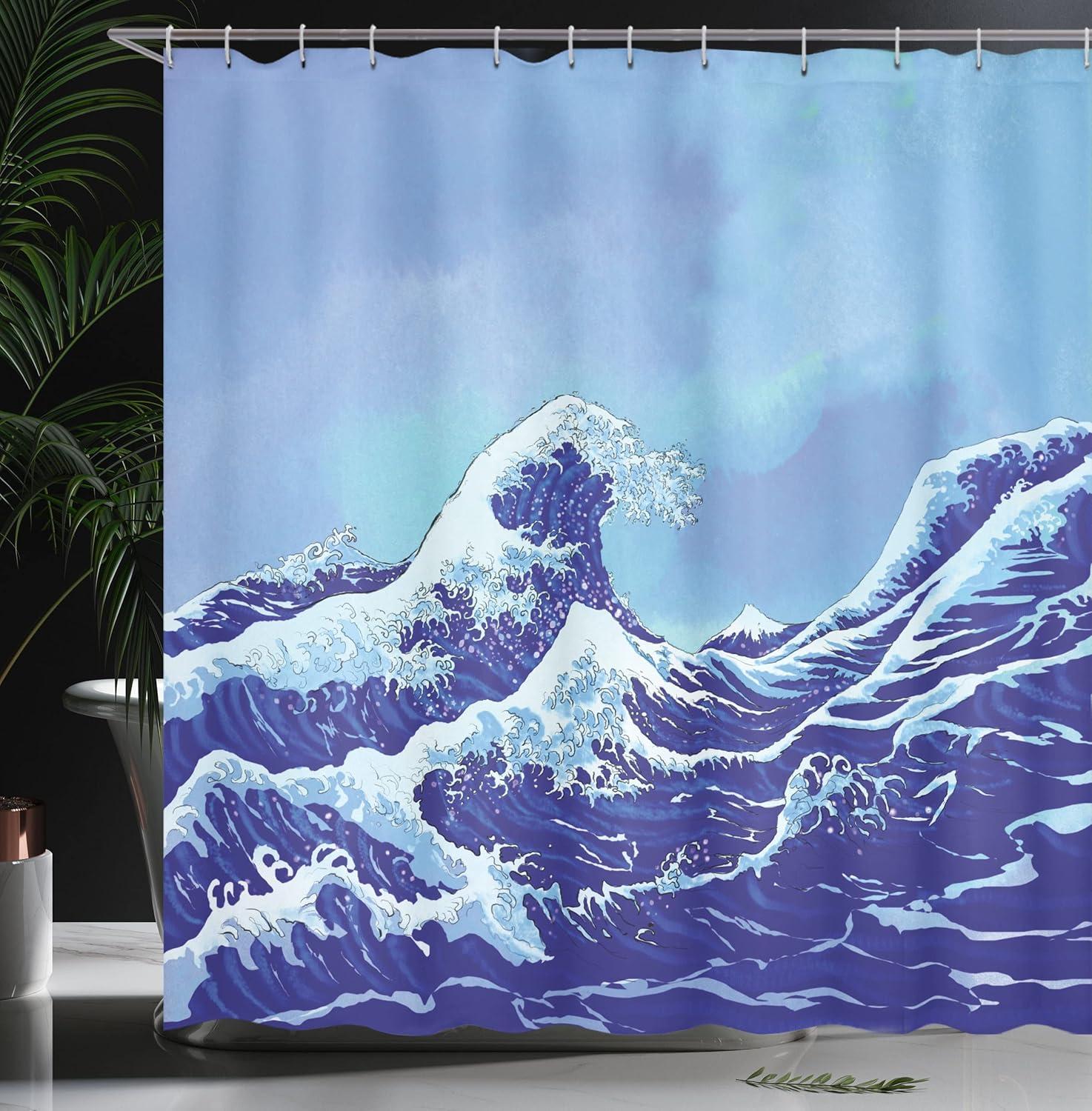 Ambesonne Blue Shower Curtain, Big Tsunami Ocean Nature, 69"Wx75"L, Pale Blue Royal Blue