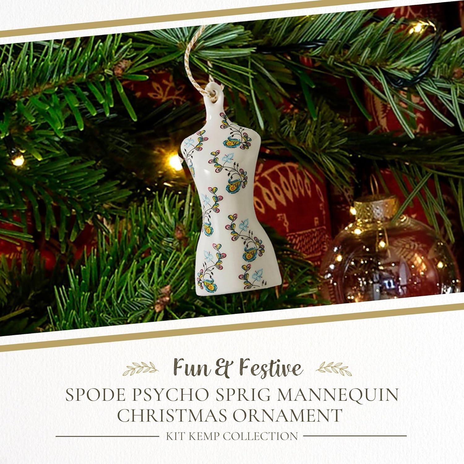 Kit Kemp by Spode Psycho Sprig Blue Mannequin Christmas Bauble, Handcrafted Porcelain Festive Keepsake, Personalized Holiday Collectible Ornament