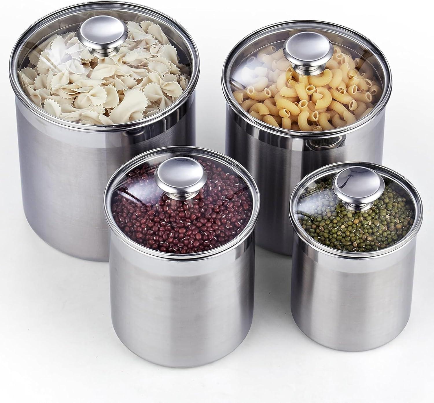 Cooks Standard Stainless Steel Food Jar Storage Canister Set Large 4-Piece, 1.6qt/2.5qt/3.5qt /5qt Airtight Containers with Glass Lid for Tea Coffee Sugar Flour Pantry Kitchen Counter