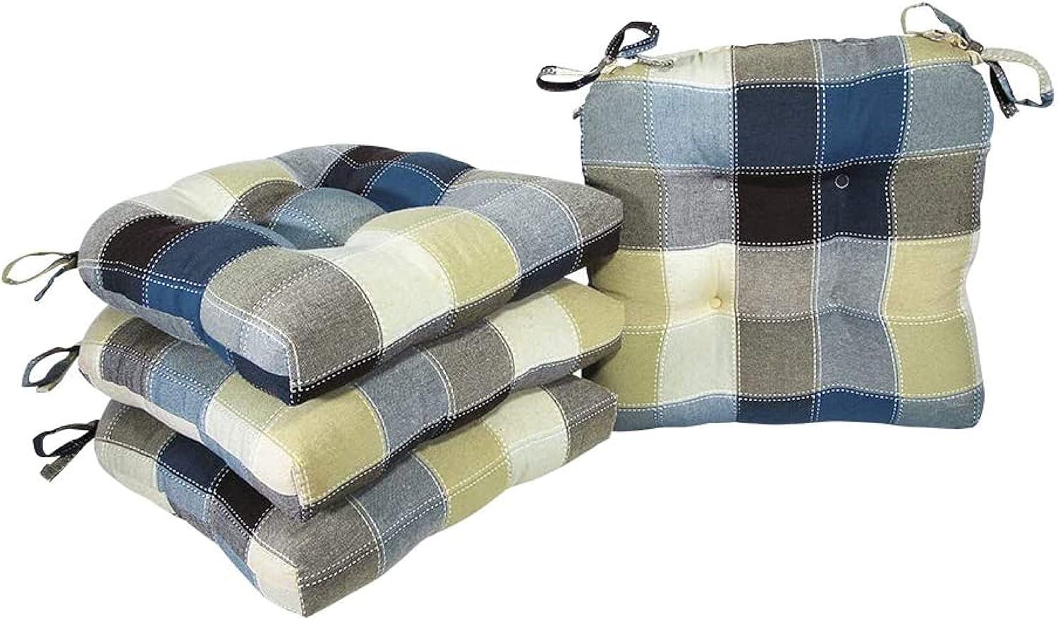 Cobalt Harris Plaid Woven Plaid Chair Pads with Tiebacks (Set Of 4) - Essentials