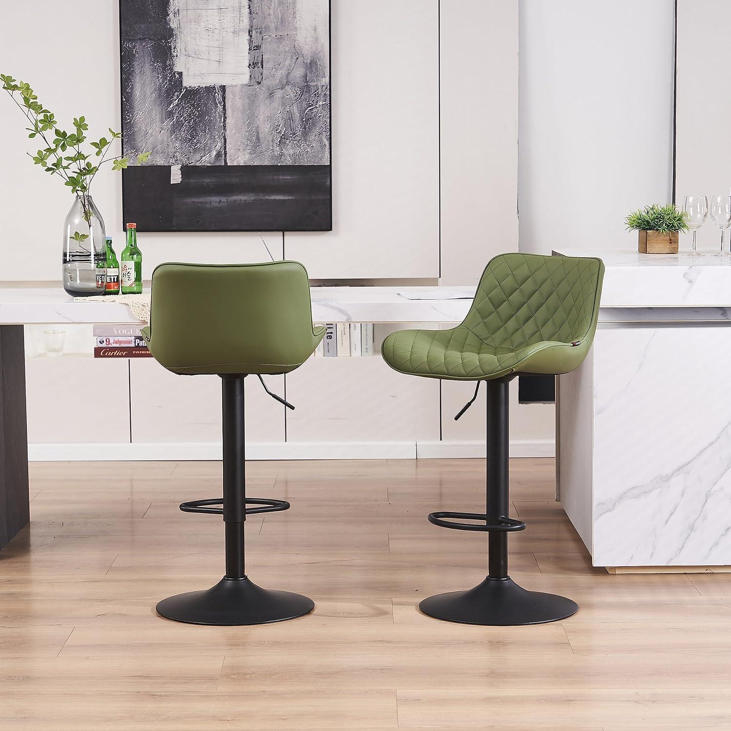 Olive Green Adjustable Faux Leather Swivel Bar Stools Set of 2