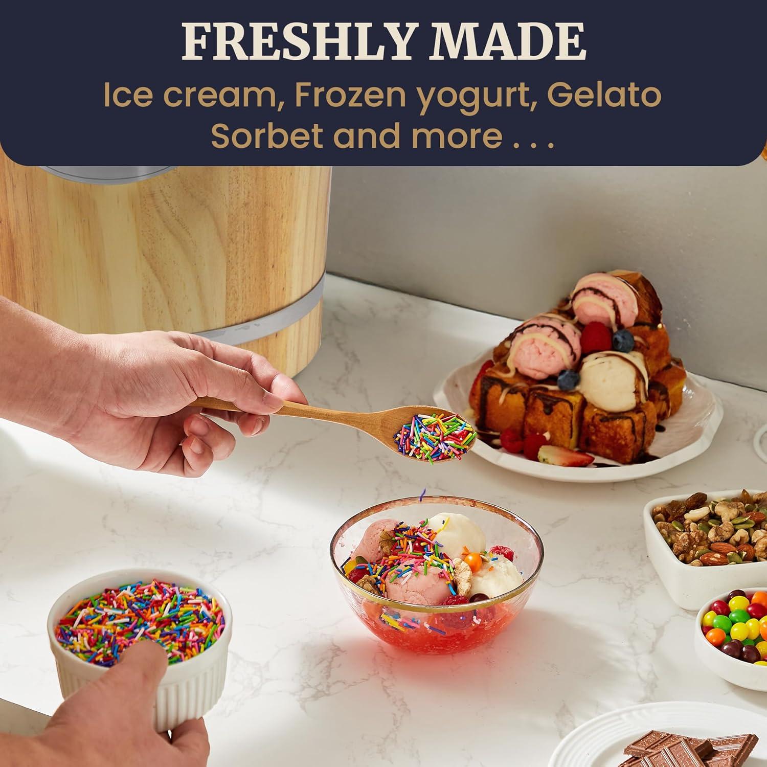 Elite Gourmet Old Fashioned 6 Quart Vintage Wood Bucket Electric Ice Cream Maker Machine Appalachian, *Bonus Classic Die-Cast Hand Crank for Churning, Uses Ice and Rock Salt Churns Ice Cream in Minute