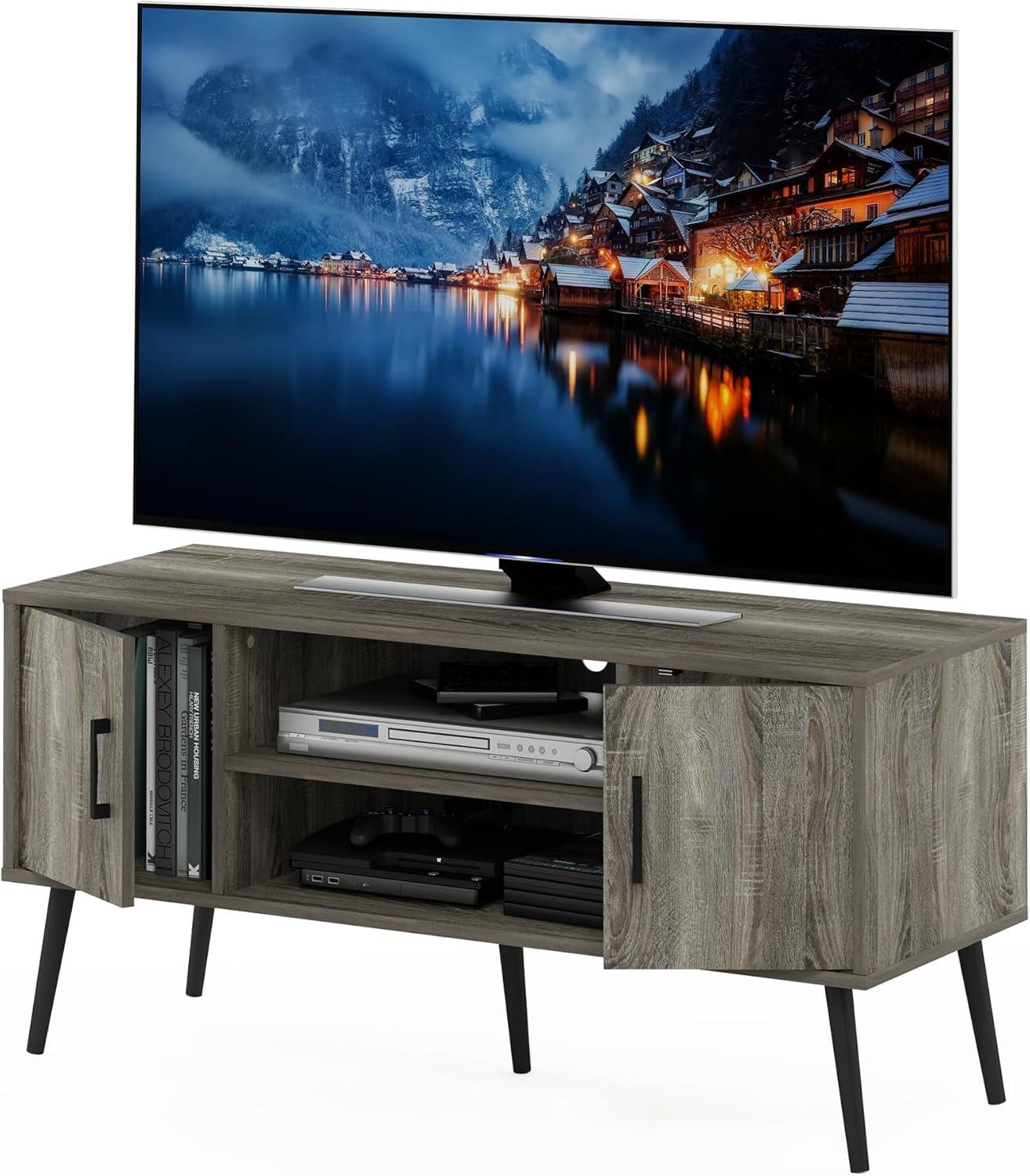 Furinno Mid-Century TV Stand Entertainment Media Console w/2 Cabinets&Open Storage Shelves for TVs up to 50",French Oak Grey