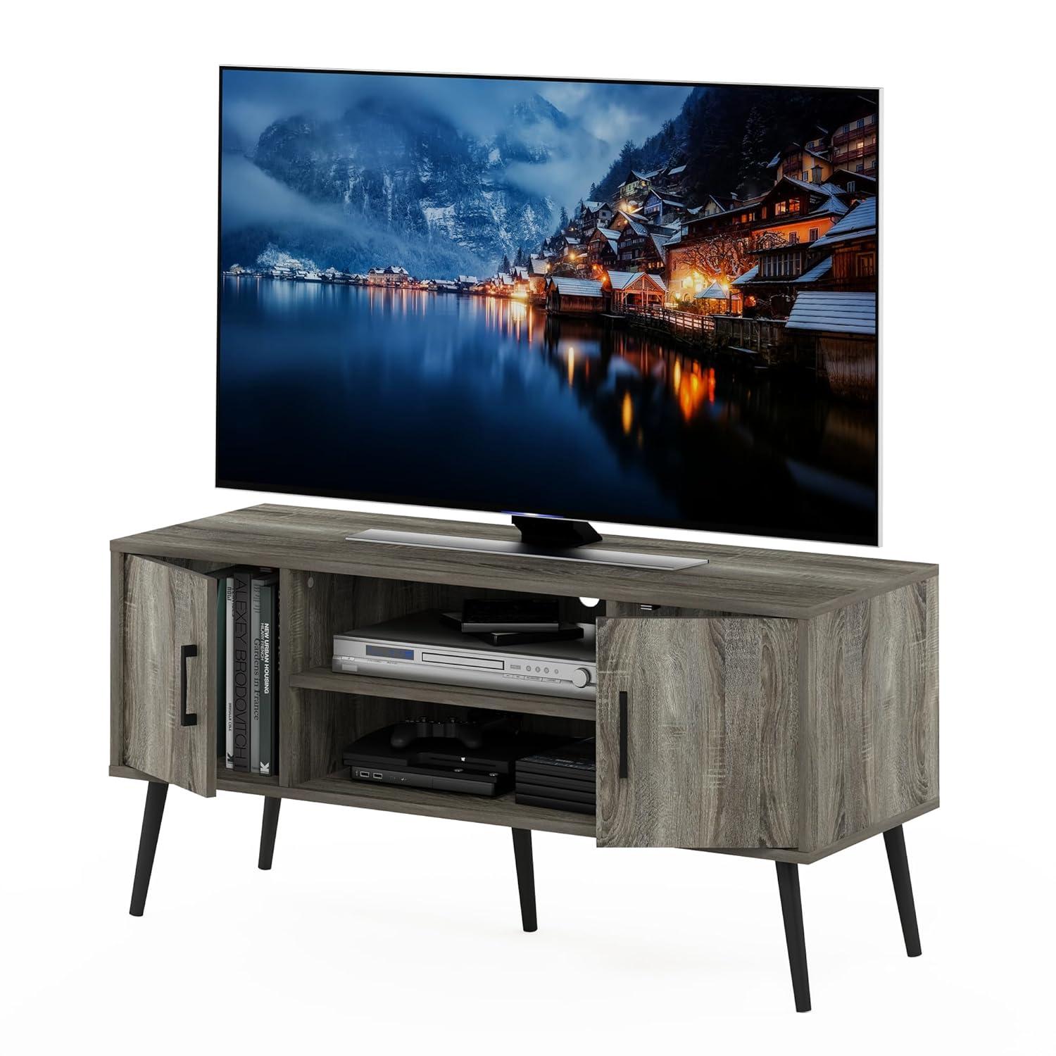 Furinno Mid-Century TV Stand Entertainment Media Console w/2 Cabinets&Open Storage Shelves for TVs up to 50",French Oak Grey