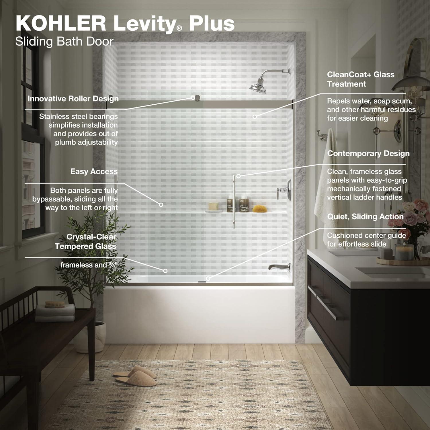 Levity Plus Less Sliding Bath Door, 61-9/16 In. H X 56-5/8 - 59-5/8 In. W, With 3/8 In.-Thick Crystal Clear Glass