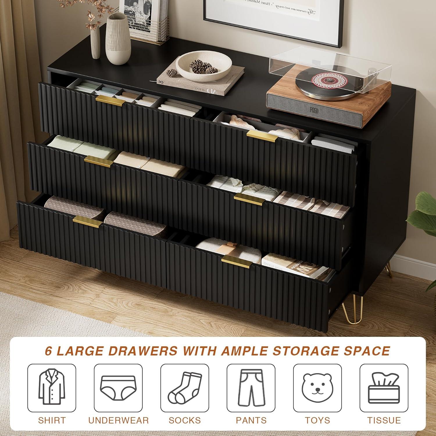 Black Dresser, Modern 6-Drawer Dresser for Bedroom with Gold Handles, Wide Chest of Drawers for Living Room