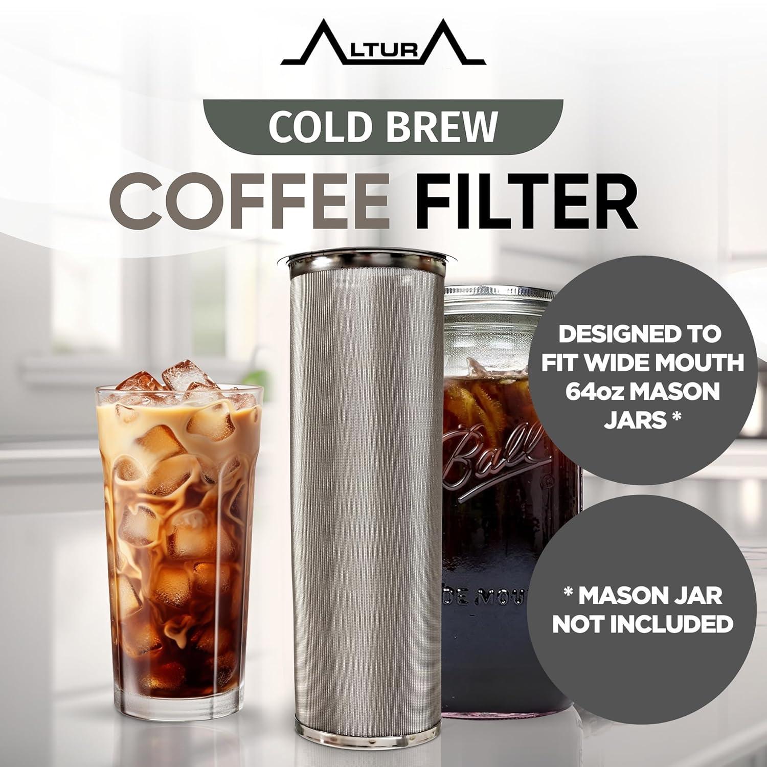 Altura The TUBE+ Cold Brew Coffee Maker and Tea Infuser for Wide Mouth Mason Jars - Stainless Steel Cold Brew Filter Strainer for Iced Coffee, Fruit Water & More - (64oz/2qt)