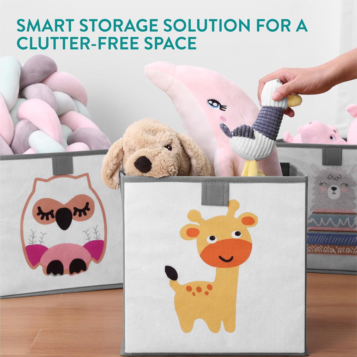 Navaris Kids Storage Cubes (Set of 3) - Storage Boxes 11x11x11" with Animal Designs - Children's Cube Bins Fabric Organizer Bin - Alpaca/Giraffe/Owl