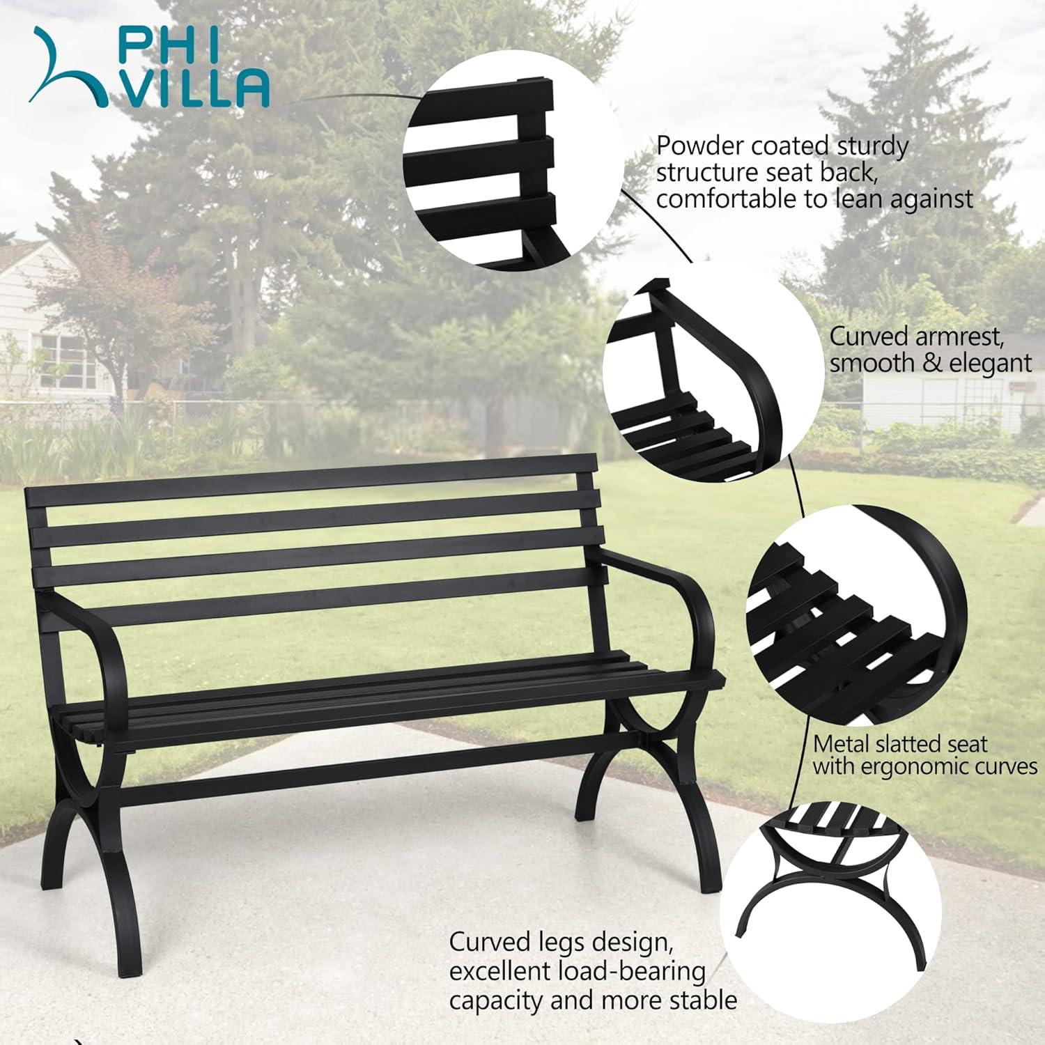 Black Steel Modern Slatted Outdoor Bench with Armrests