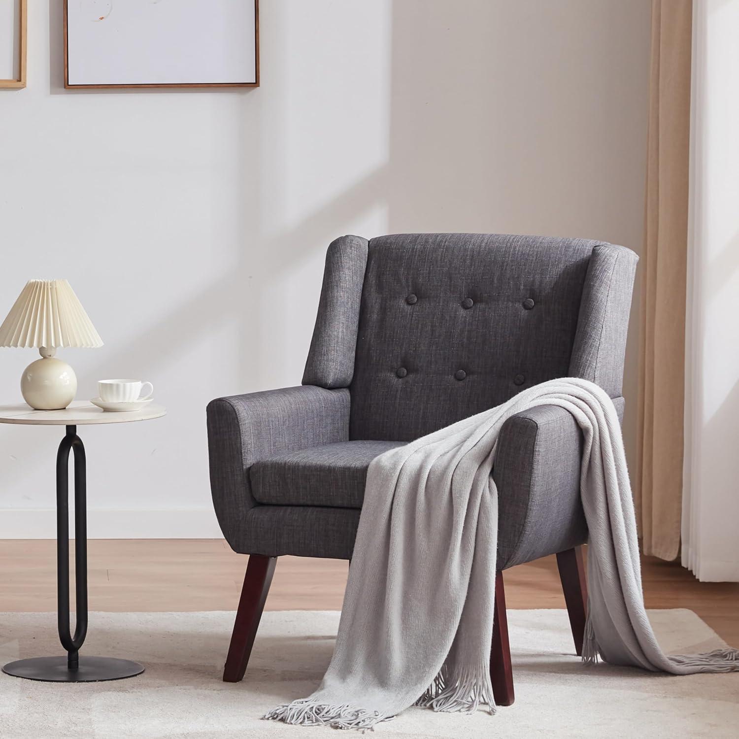 HUIMO Modern Linen Upholstered Armchair Tufted Accent Chair Grey