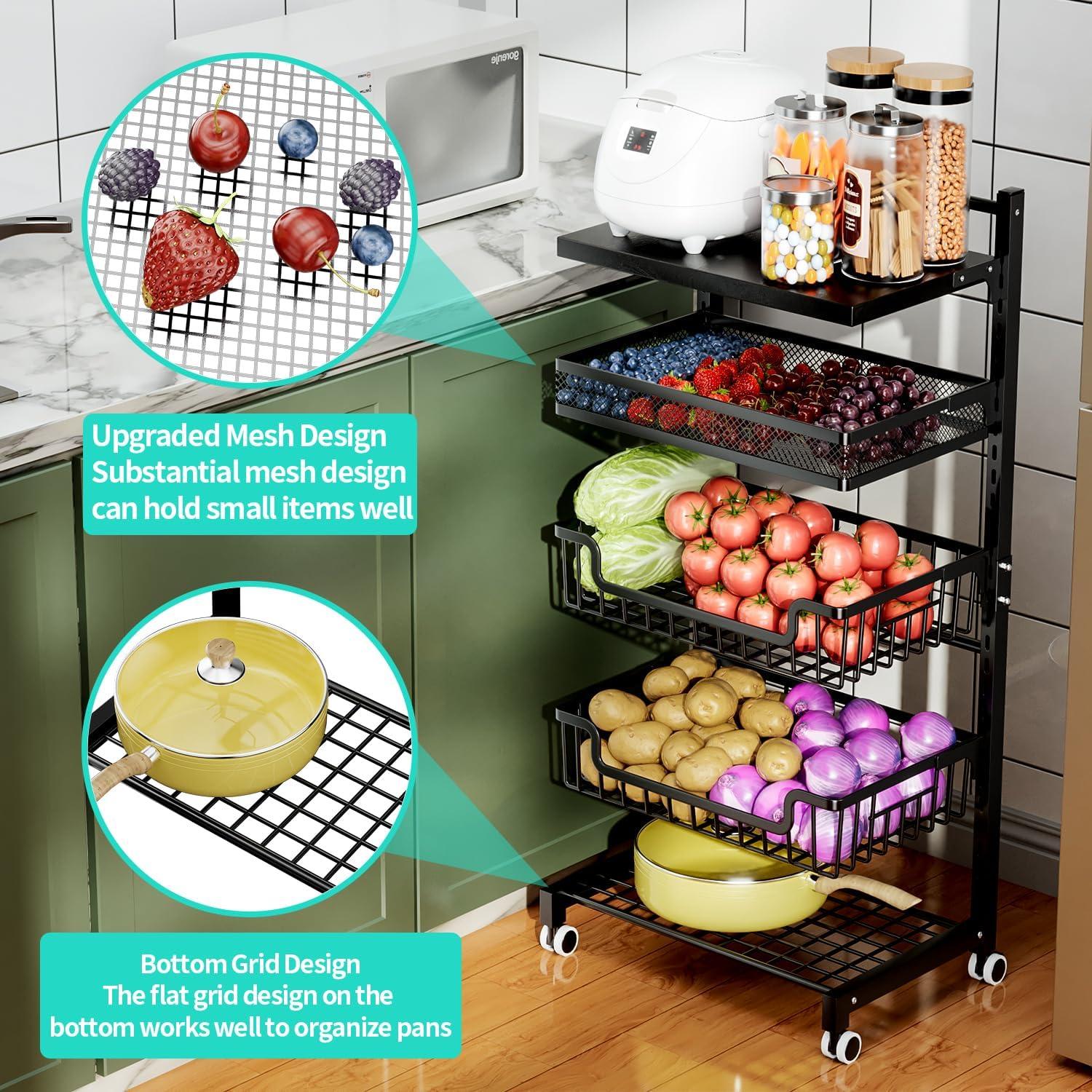 Fruit Basket Vegetable Basket - 5 Tier Adjustable Kitchen Storage Cart, Wooden Top Table Fruit and Vegetable Car Snack Cart with Wheels, Metal Mesh and Wire Storage Basket for Onions Potatoes