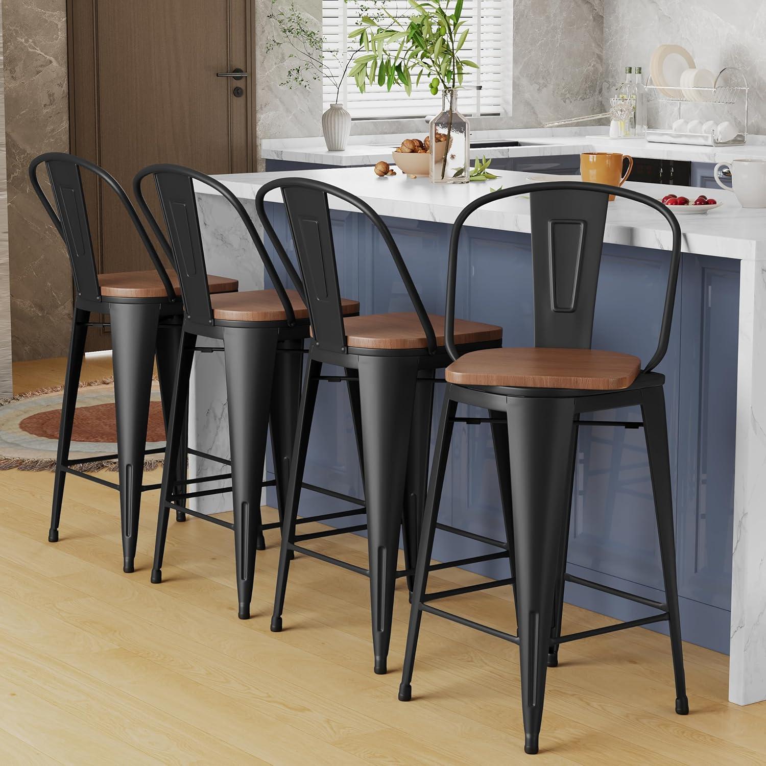 26" Matte Black Swivel Metal Bar Stools with Wooden Seat