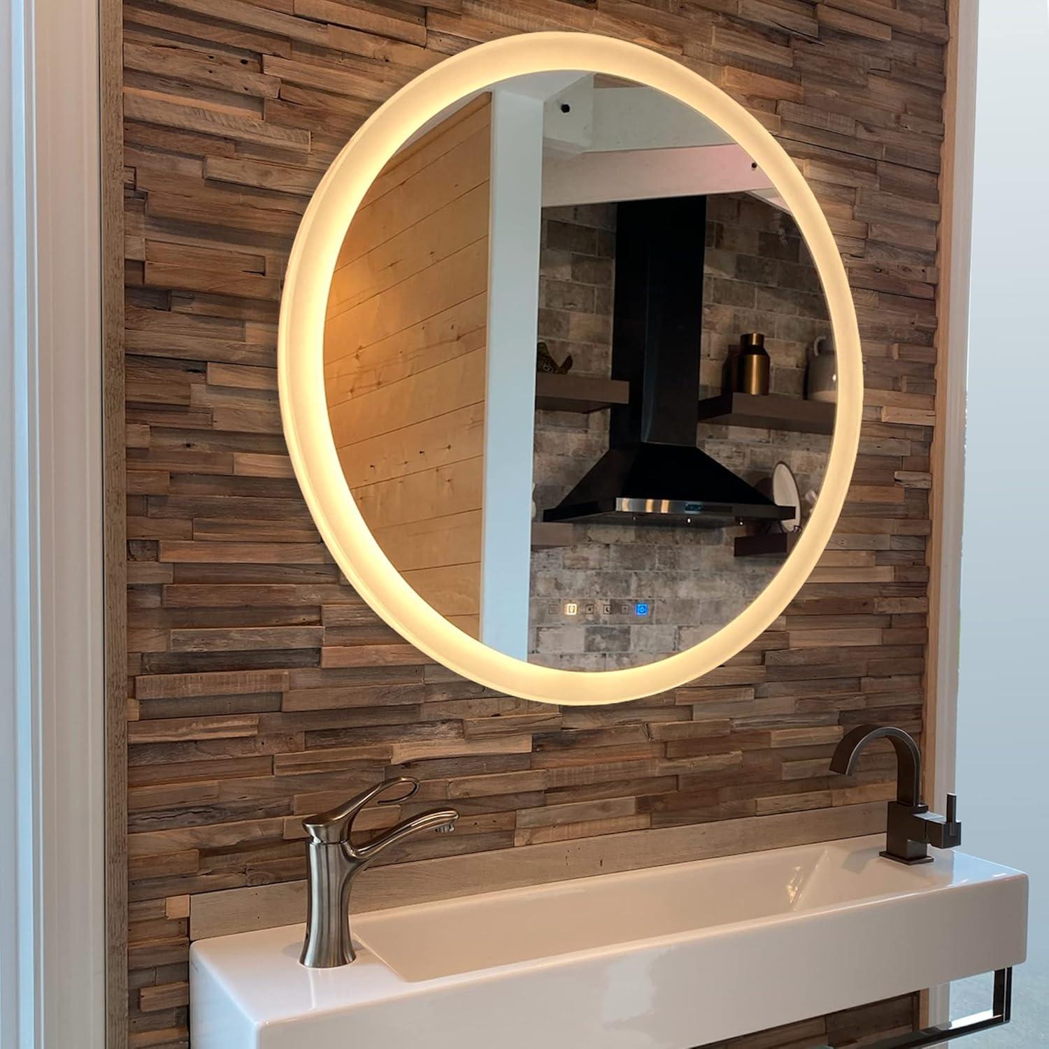 Round Lighted LED Bathroom and Vanity Mirror 28 inch with Anti Fog, Wall Mounted, Dimmer Touch Sensors by Fab Glass and Mirror