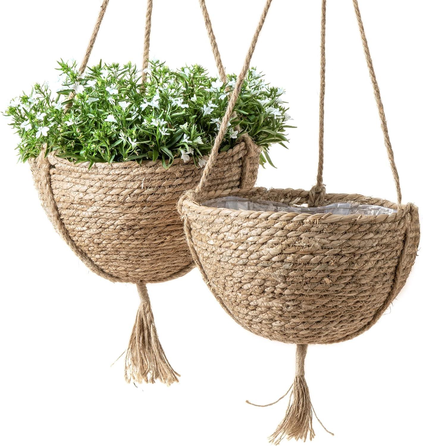 Boho Chic Natural Seagrass 12.4" Round Hanging Planter Set, Pack of 2
