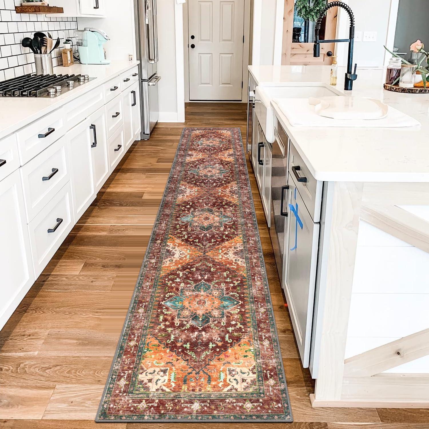 Yamaziot Washable Runner Rug, 2x10 Non-Slip Boho Vintage Hallway Rug Runner with Rubber Backing, Stain Resistant Distressed Carpet Runner for Bedroom, Kitchen, Laundry, Entrance