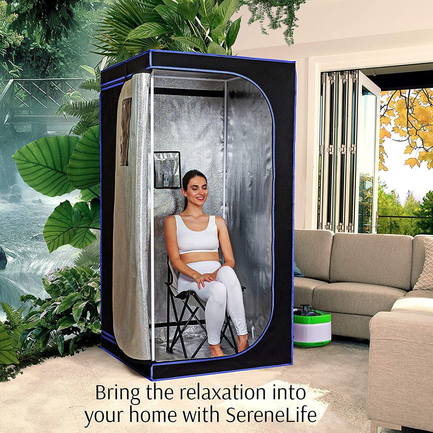 SereneLife Portable Full Size Personal Home Spa Steam Sauna with Hand Access Zippers, Remote Control, Timer, and Folding Chair, Black