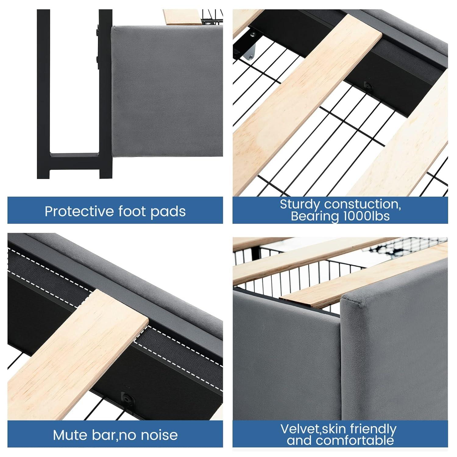GarveeHome Full Size Bed Frame with 4 Storage Drawers and Charging Station, Upholstered Velvet Platform Bed Frame with Storage Headboard and Sturdy Wooden Slats Support, No Box Spring Needed