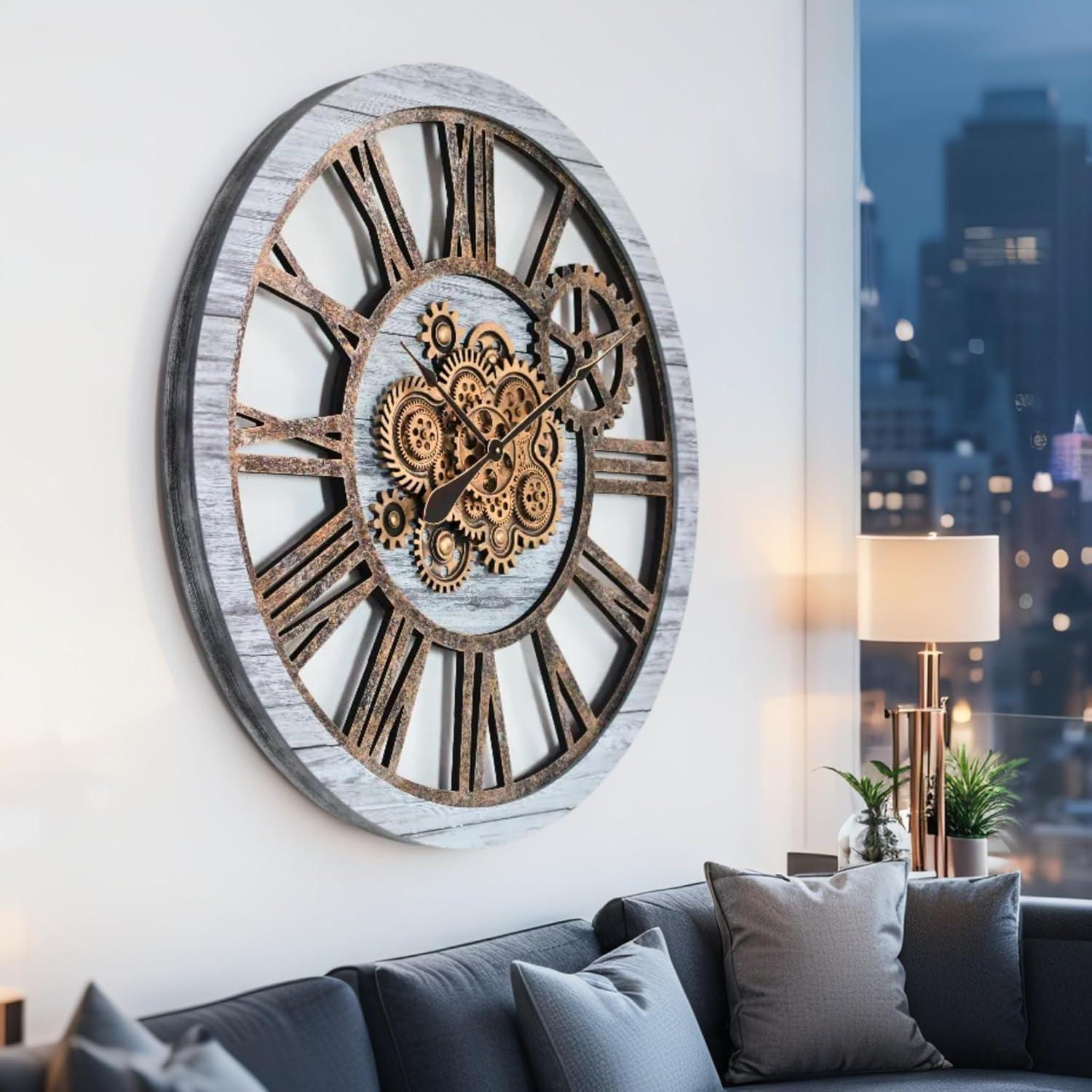 The Gears Clock Wall Clock 36" Round Oversized for Living Room decor with Real Moving Gears America Collection
