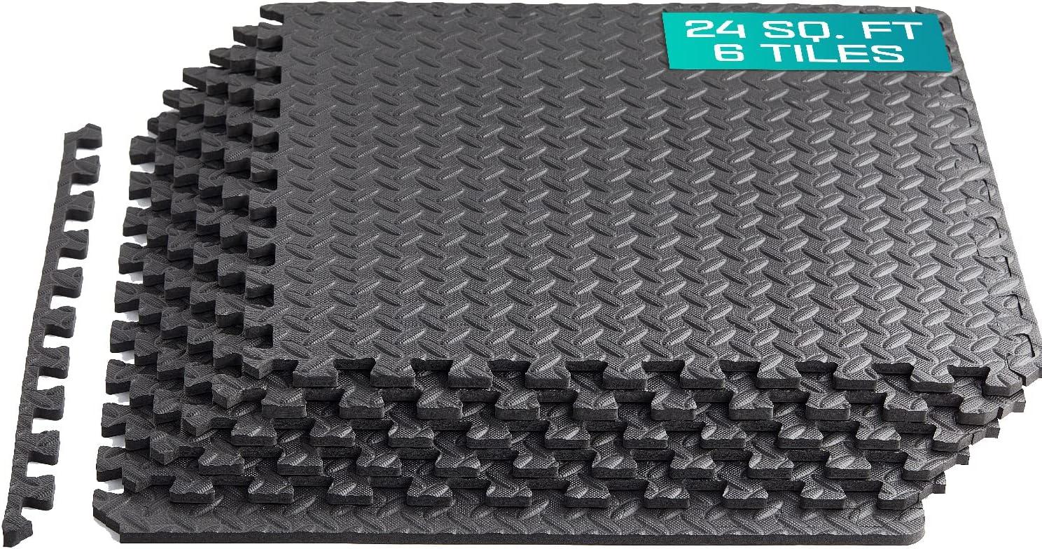 Yes4All 6 pcs Interlocking Exercise Foam Mats, Cover 24 sqft, 7/16 inch, Black Color