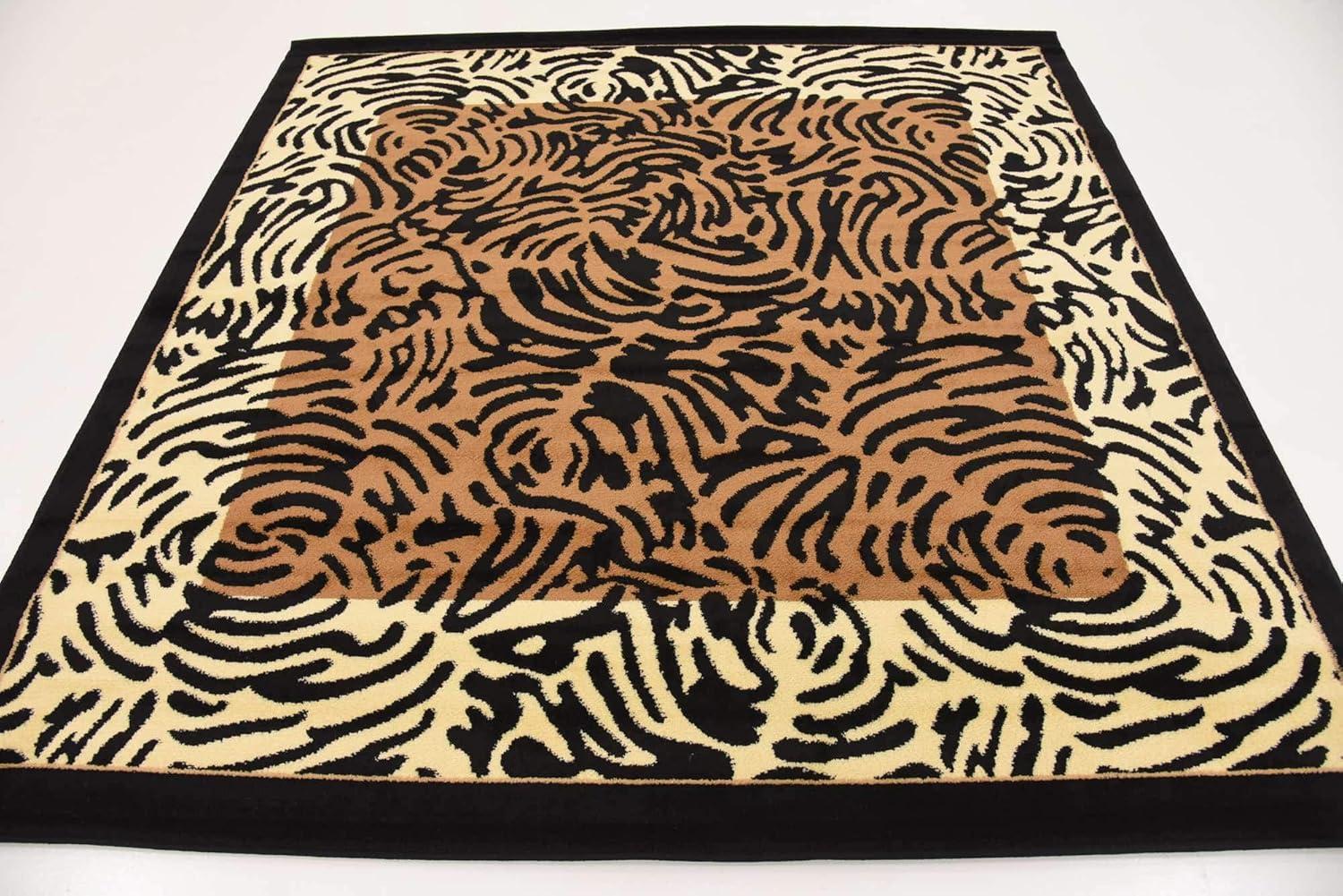 6' Square Light Brown and Black Animal Print Rug