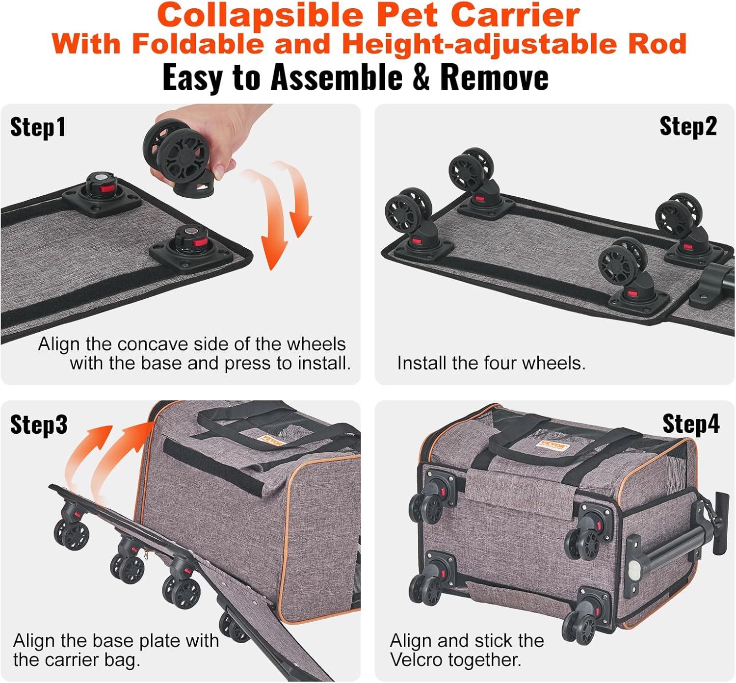 VEVOR Cat Carrier with Wheels Rolling Pet Carrier with Telescopic Handle and Shoulder Strap 0-22LBS