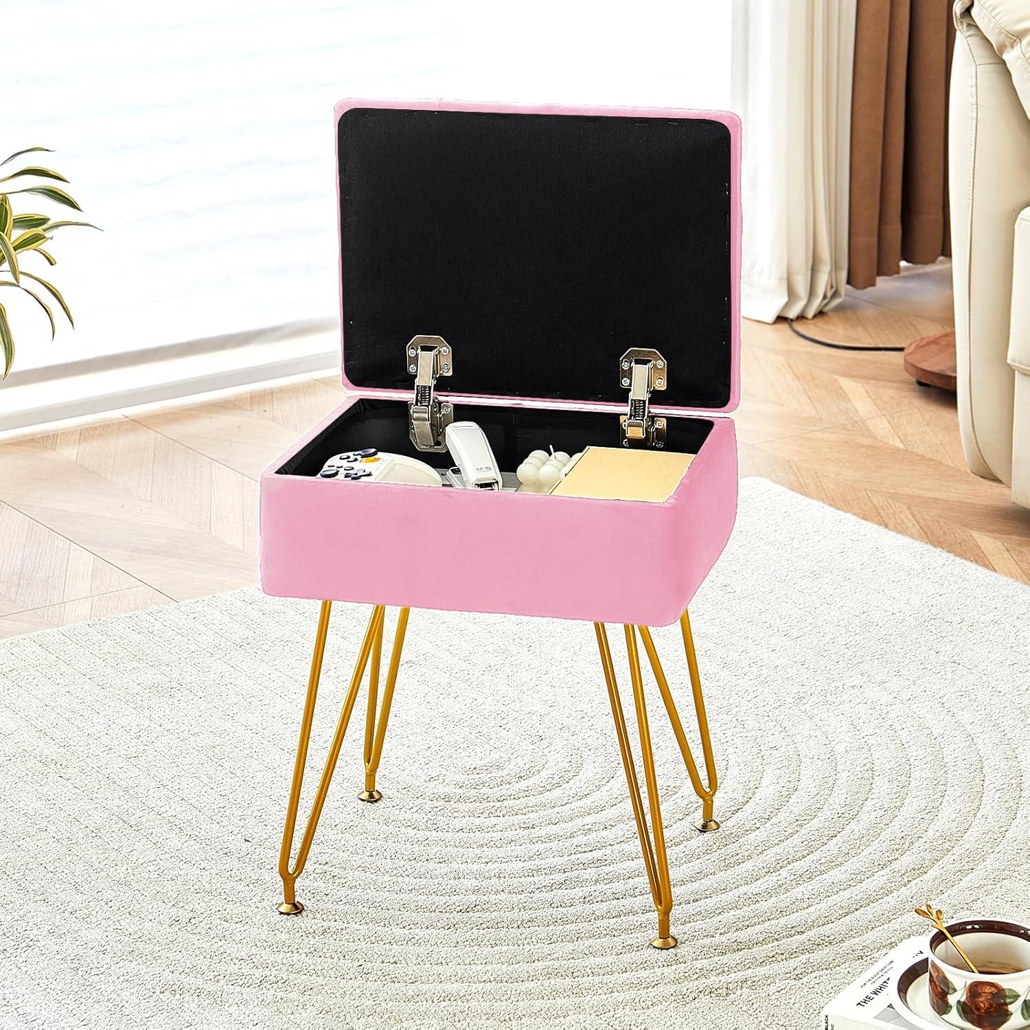 Vanity Stool Chair with Storage, Square Velvet Makeup Vanity Chair with Metal Legs & Adjustable Gold Feet, Flip Top Ottoman Foot Rest with Soft Padded Seat for Bedroom Living Room, Black