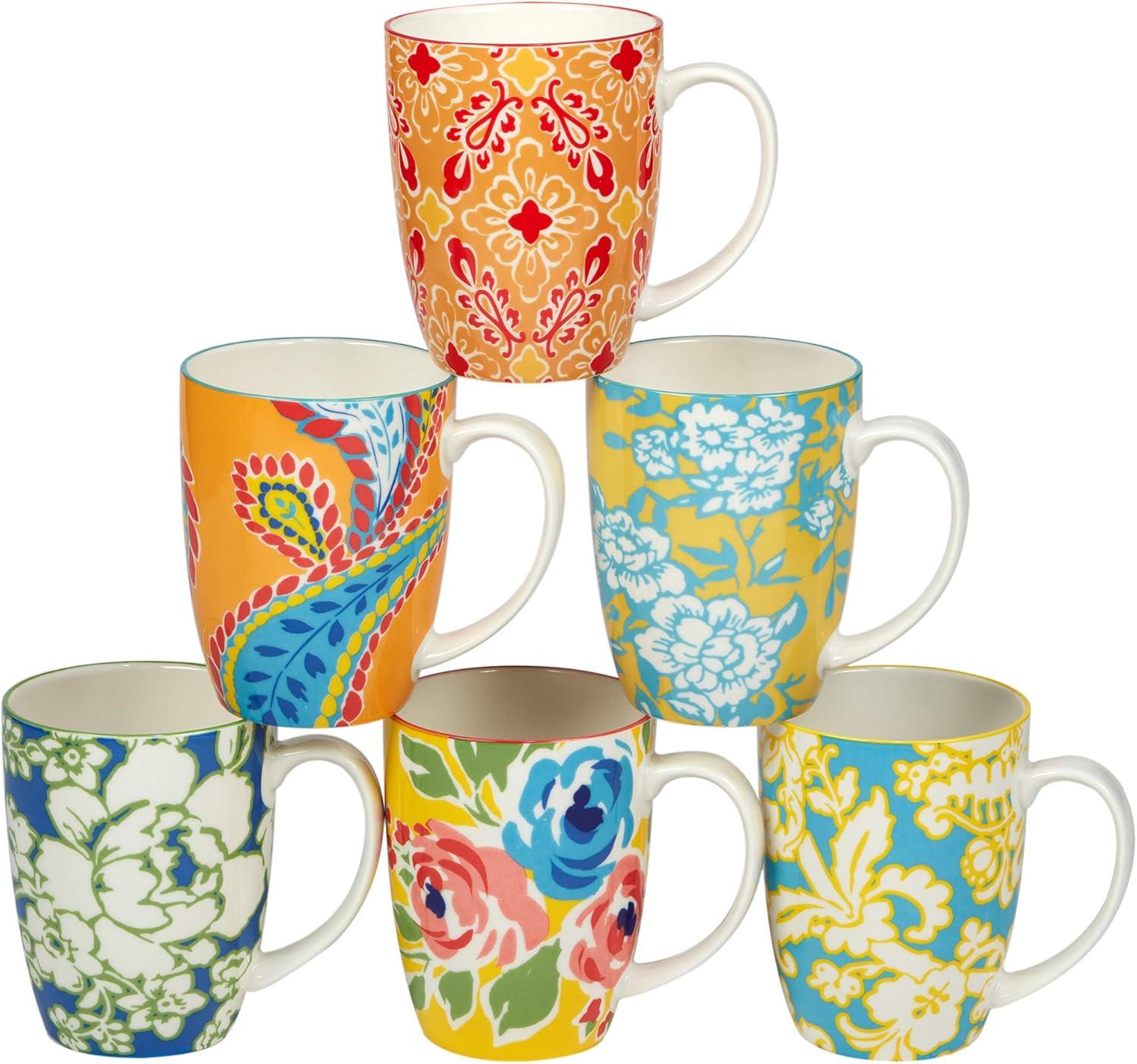 Colorful Ceramic Bohemian Floral 14oz Mug Set of 6