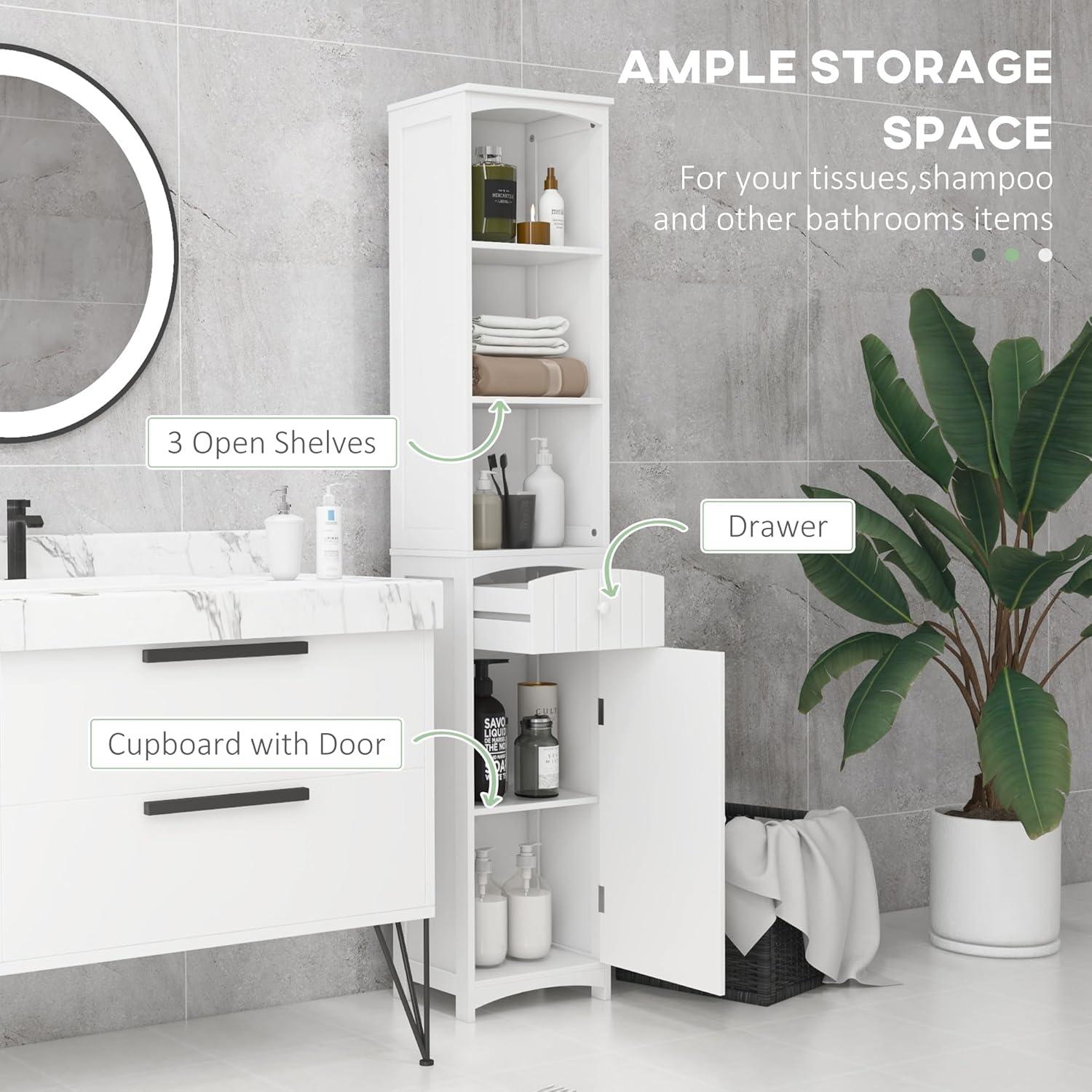 HOMCOM 67" Tall Bathroom Storage Cabinet, Freestanding Linen Tower with 3-Tier Shelf, Drawer and Cupboard, Narrow Side Floor Organizer, White