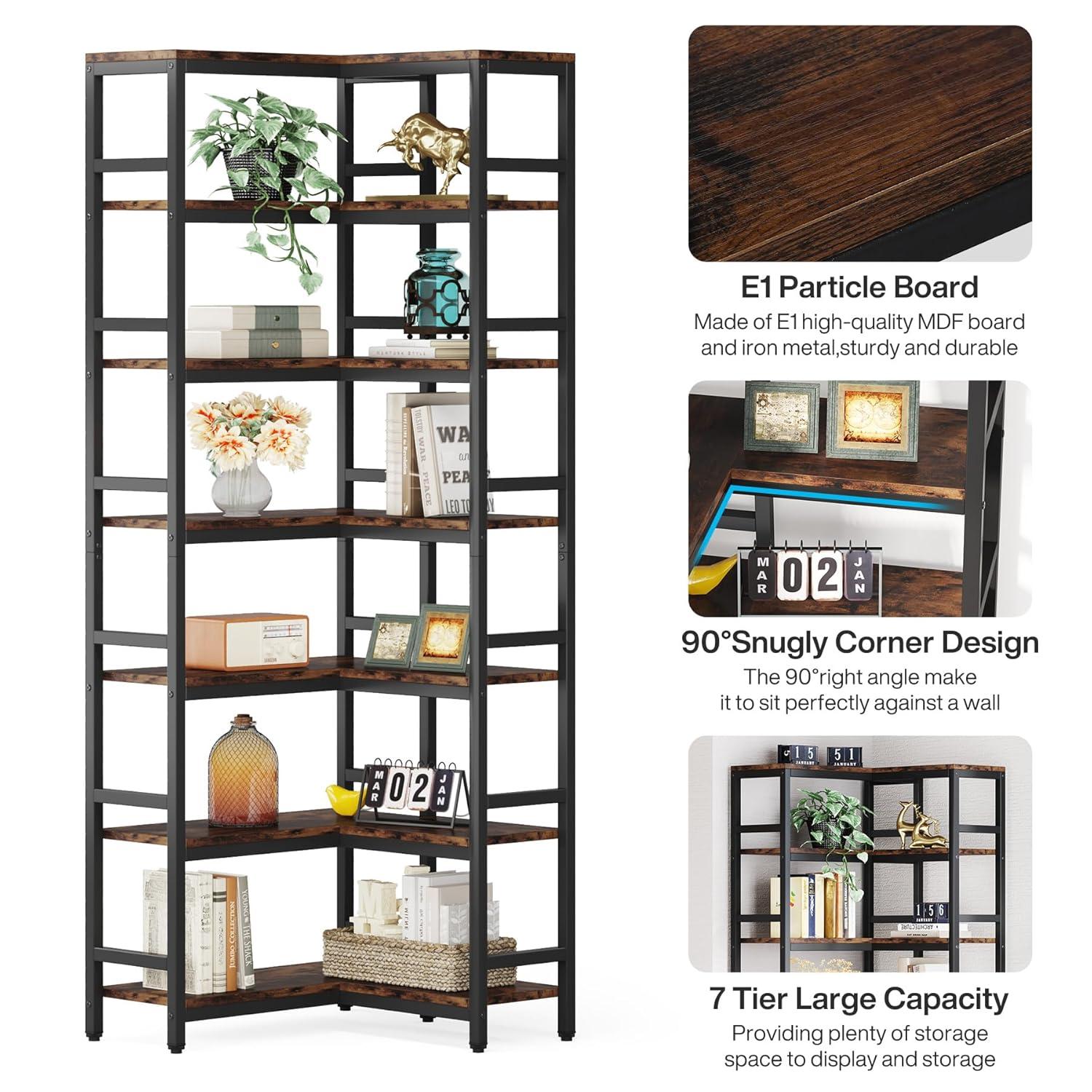 Hommoo 7-Tier Tall Corner Bookshelf Rustic Brown