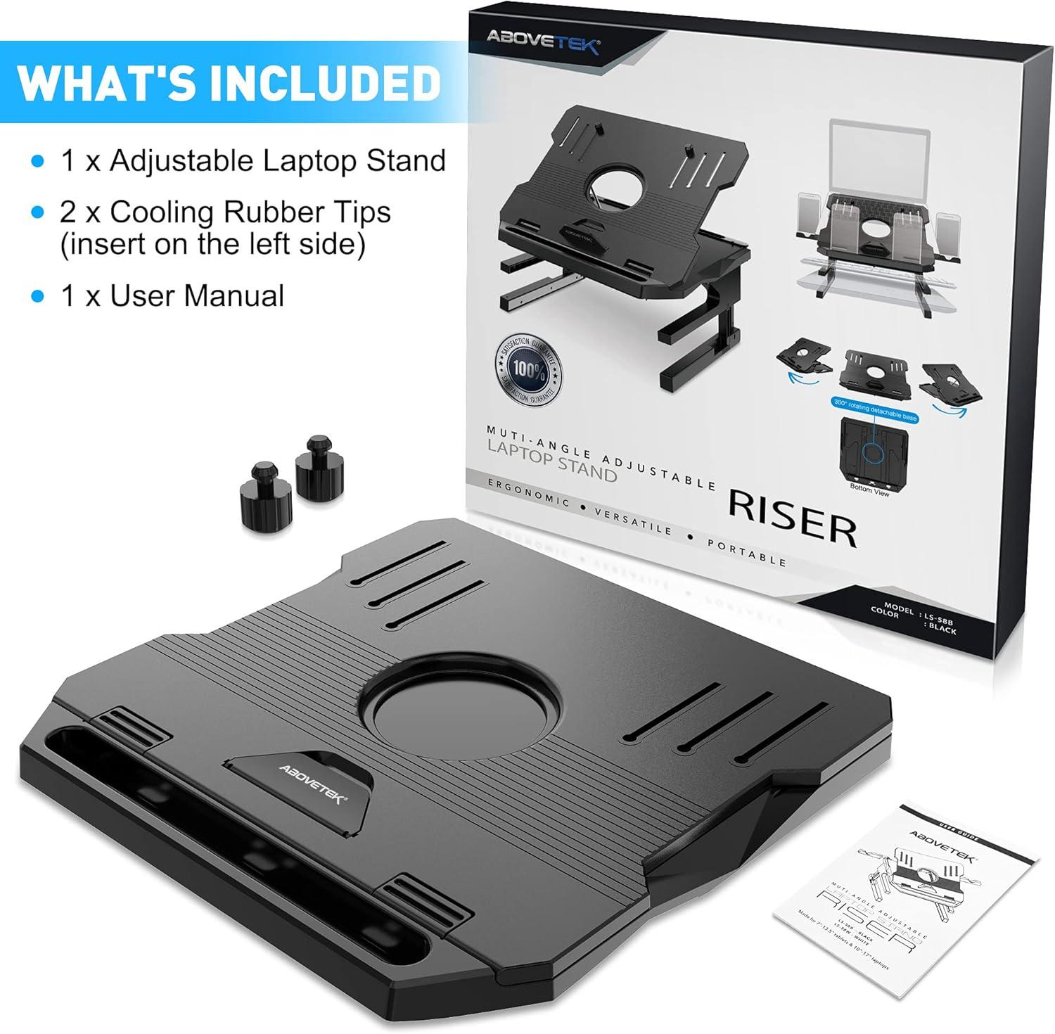 AboveTEK Laptop Stand, 20 Angles Two-Layer Height Adjustable Laptop Stands, Portable Laptop Riser with 360 Rotating Base Storage Space & Extra Phone Holders Compatible with 10''-17'' Laptops Black