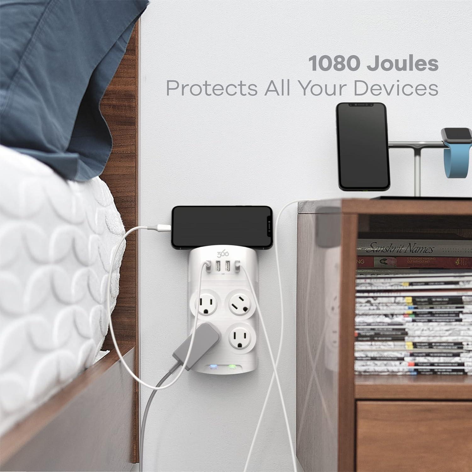 360 Electrical - Revolve 4 outlets Wall Tap Surge Protector - 1080 J - White