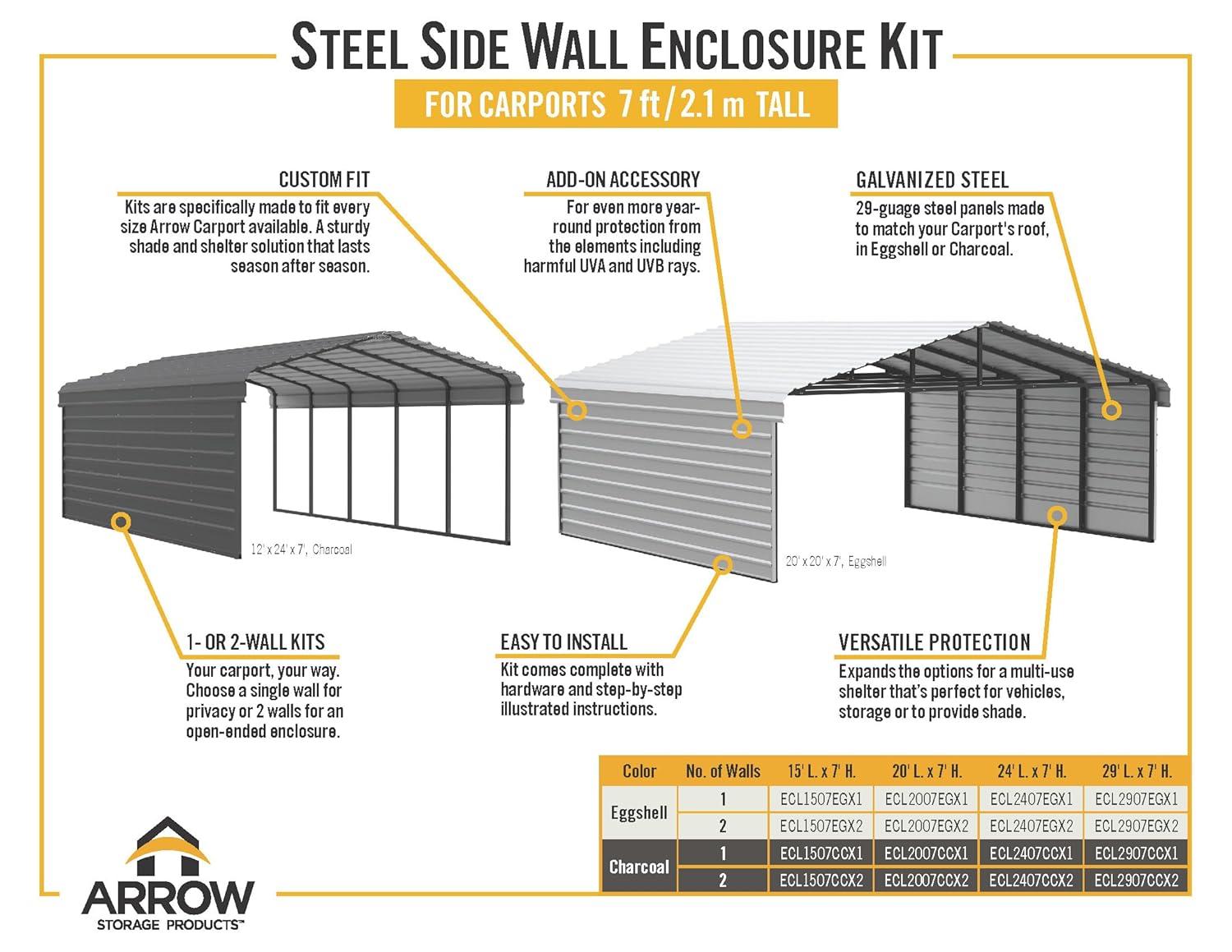 Arrow Arrow Steel Carport with 2 Side Wall Kits, 12x20x07