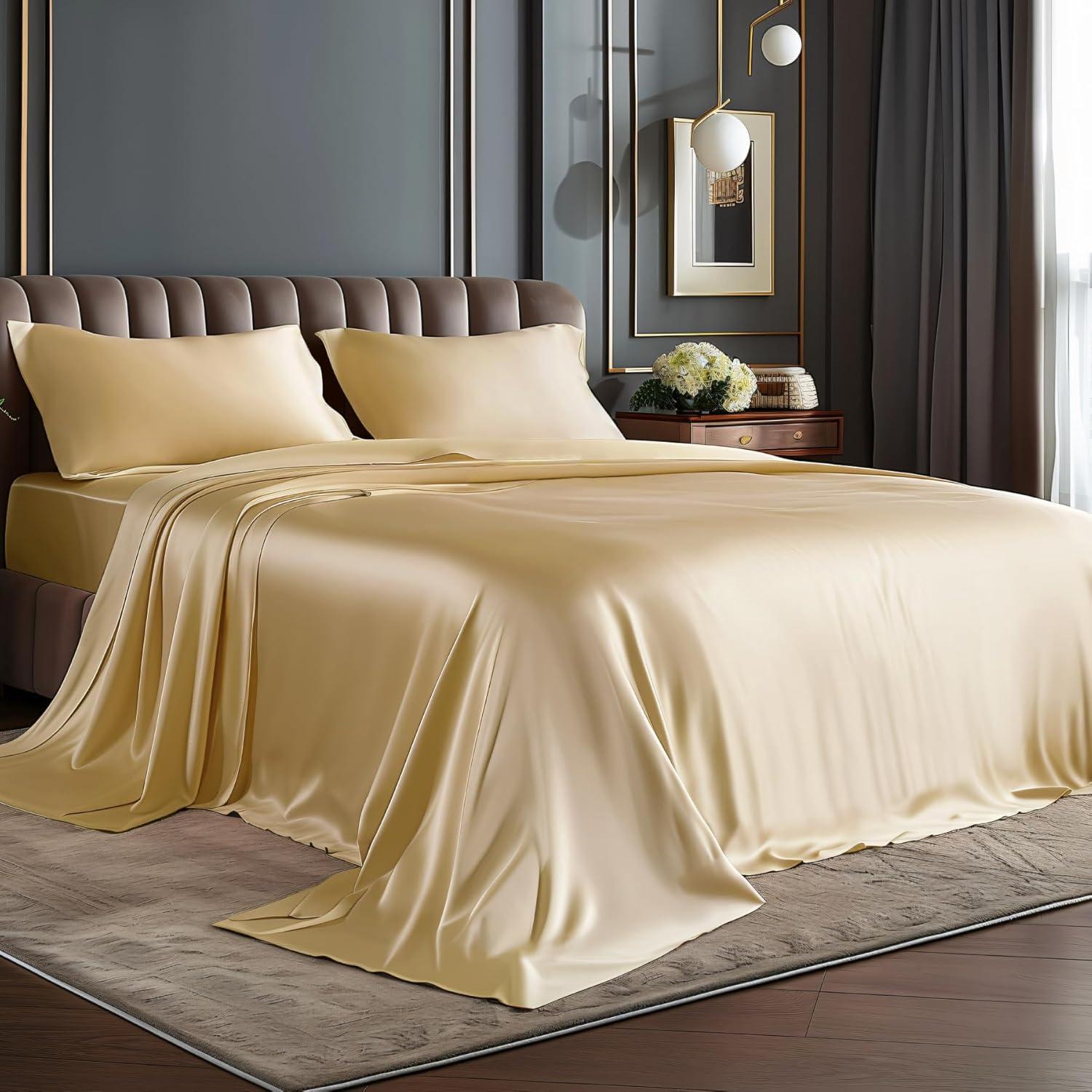 Soft Gold Satin Full Size 4-Piece Bed Sheet Set