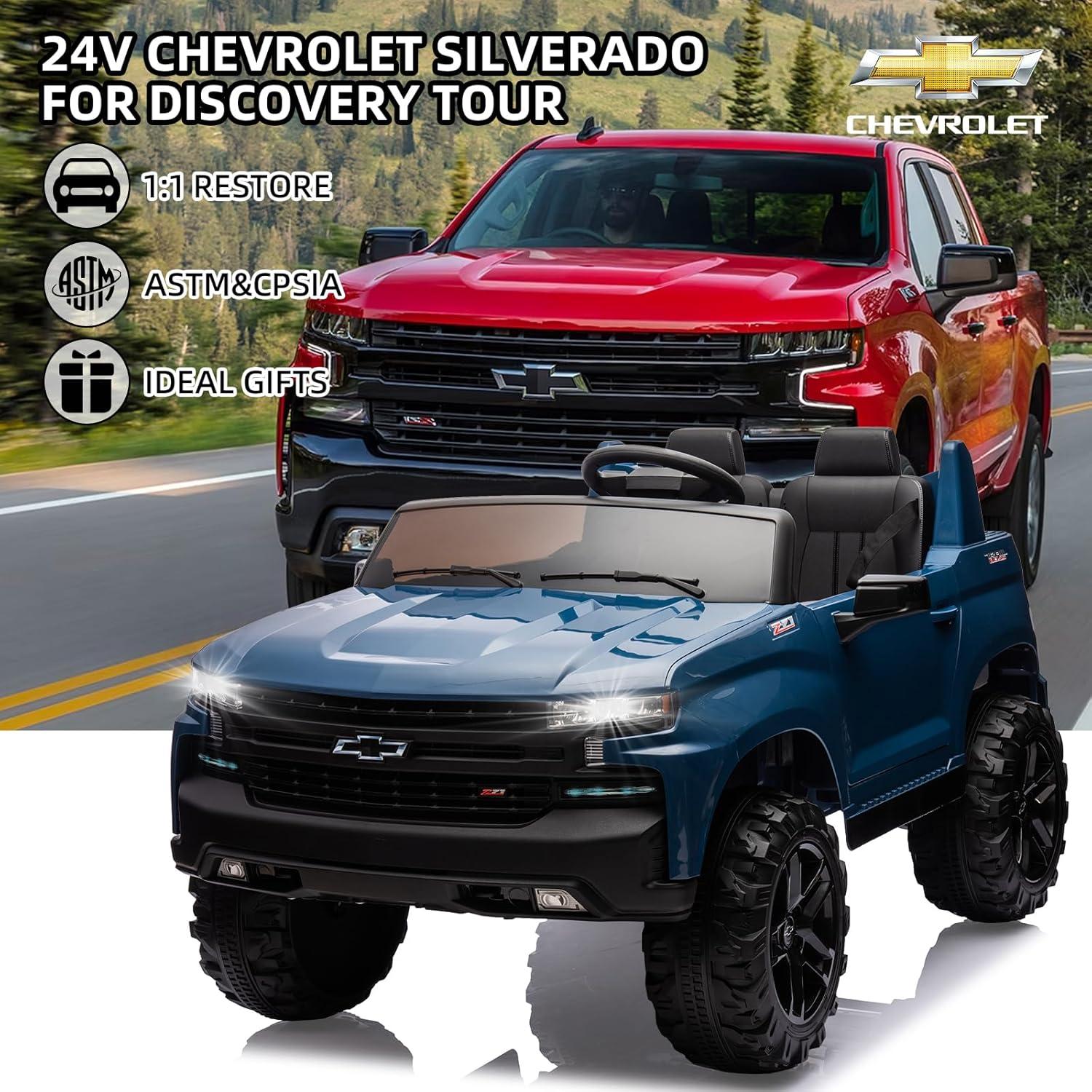 Chevrolet Silverado 24V Powered Ride on Cars for Kids, Extra large Real 2 Seat Ride on Toys with Remote Control, LED Light, MP3 Player, Electric Vehicles Ride on Truck for Boys Girls Gifts, Blue