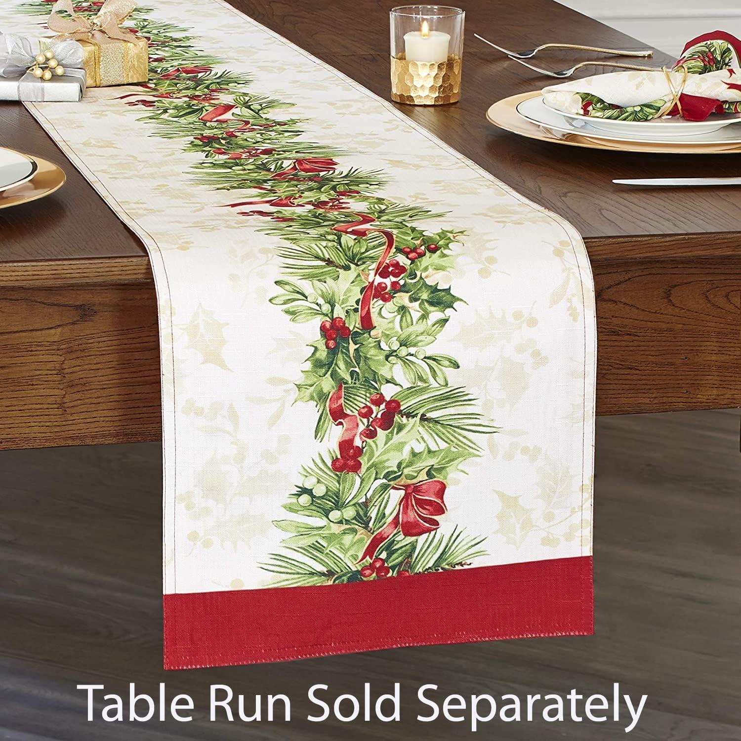 Christmas Holly Berry Ribbon Garland Traditions Bordered 52 x 70 inch Rectangle Fabric Tablecloth