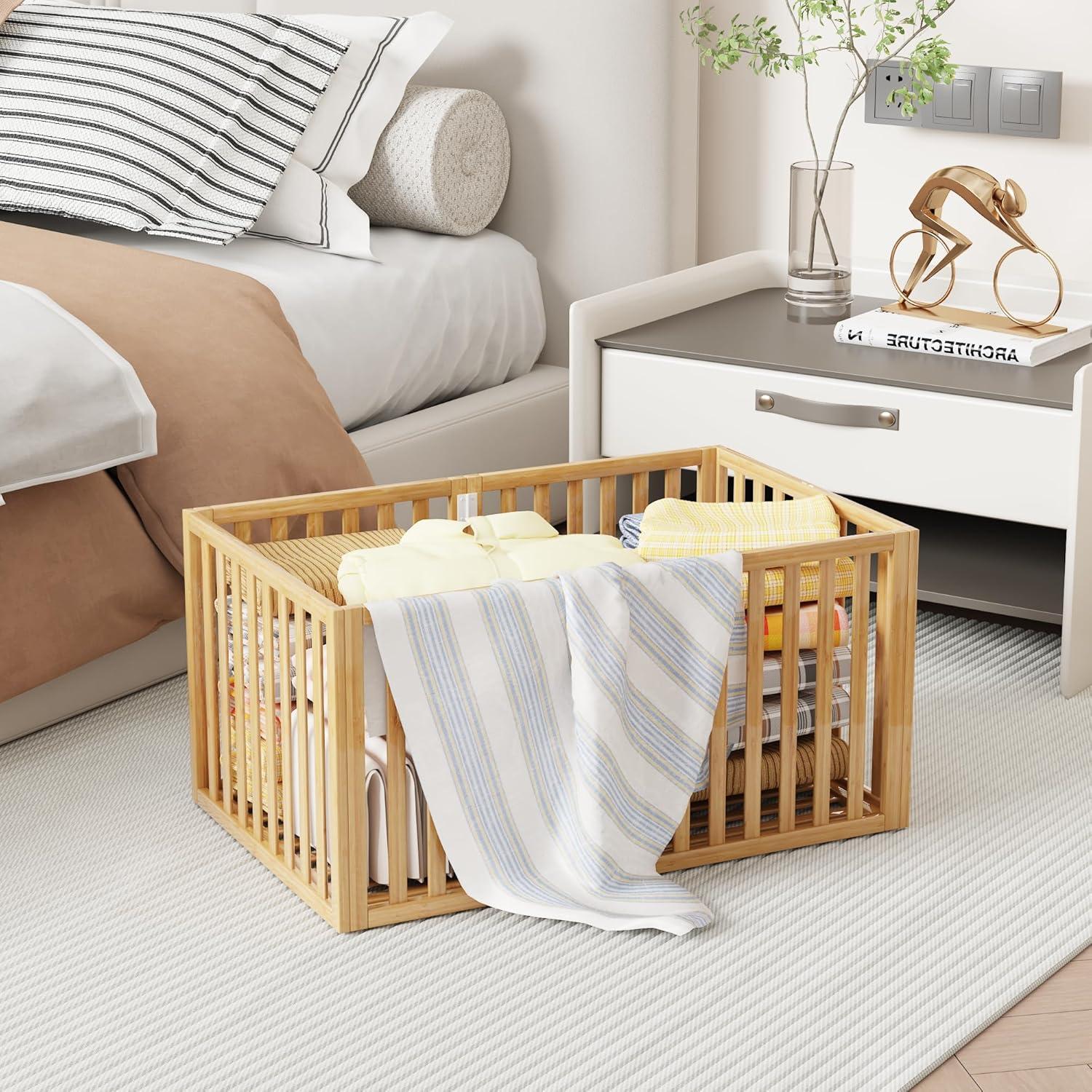 Bamboo Under Bed Storage Containers- Underbed Organizer with Wheels with Large Capacity Dust Bag,Sturdy Wood Rolling Under Bed Shoe Storage Organizer Drawer 2 Packs (Nature, Small)