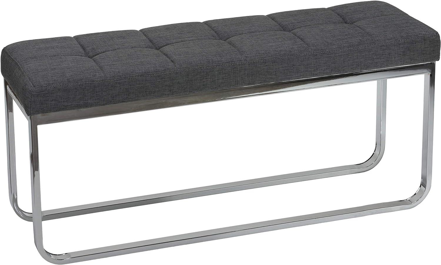 Contemporary Nola Narrow Bench in Grey Linen with Polished Stainless Steel Legs