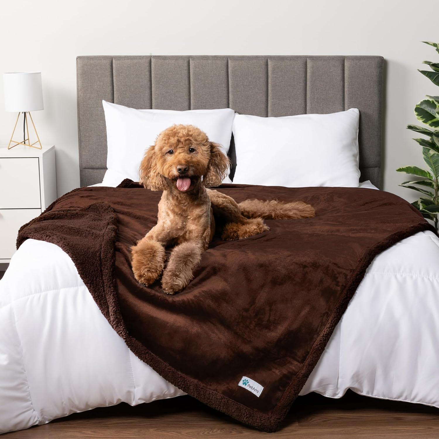 PetAmi Waterproof Dog Blanket for Bed Couch Sofa Cover, Reversible Faux Shearling Fleece Pet Throw