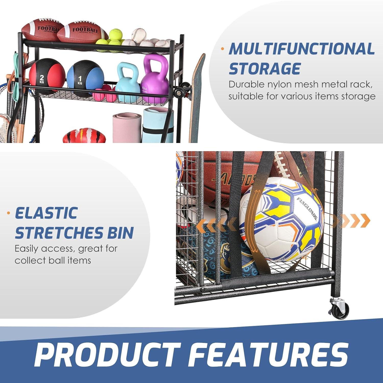 Mythinglogic Garage Storage System, Garage Organizer with Baskets and Hooks, Sports Equipment Organizer for Sports Gear/Toys,Garage Ball Storage