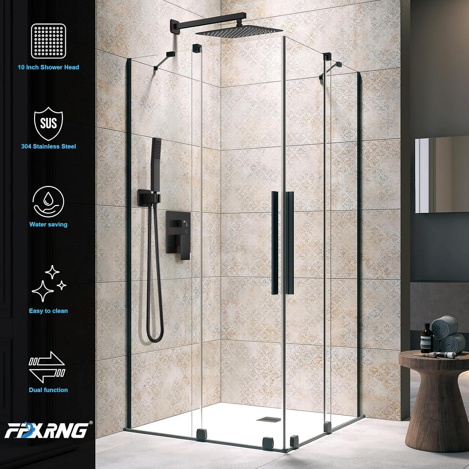 Black Shower Faucet Set, Rainfall Shower System with Square Shower Head and Handle Set, Wall Mounted Shower Fixtures, Full Metal Trim Repair Kit 10 inch Matte Black (With Shower Valve)